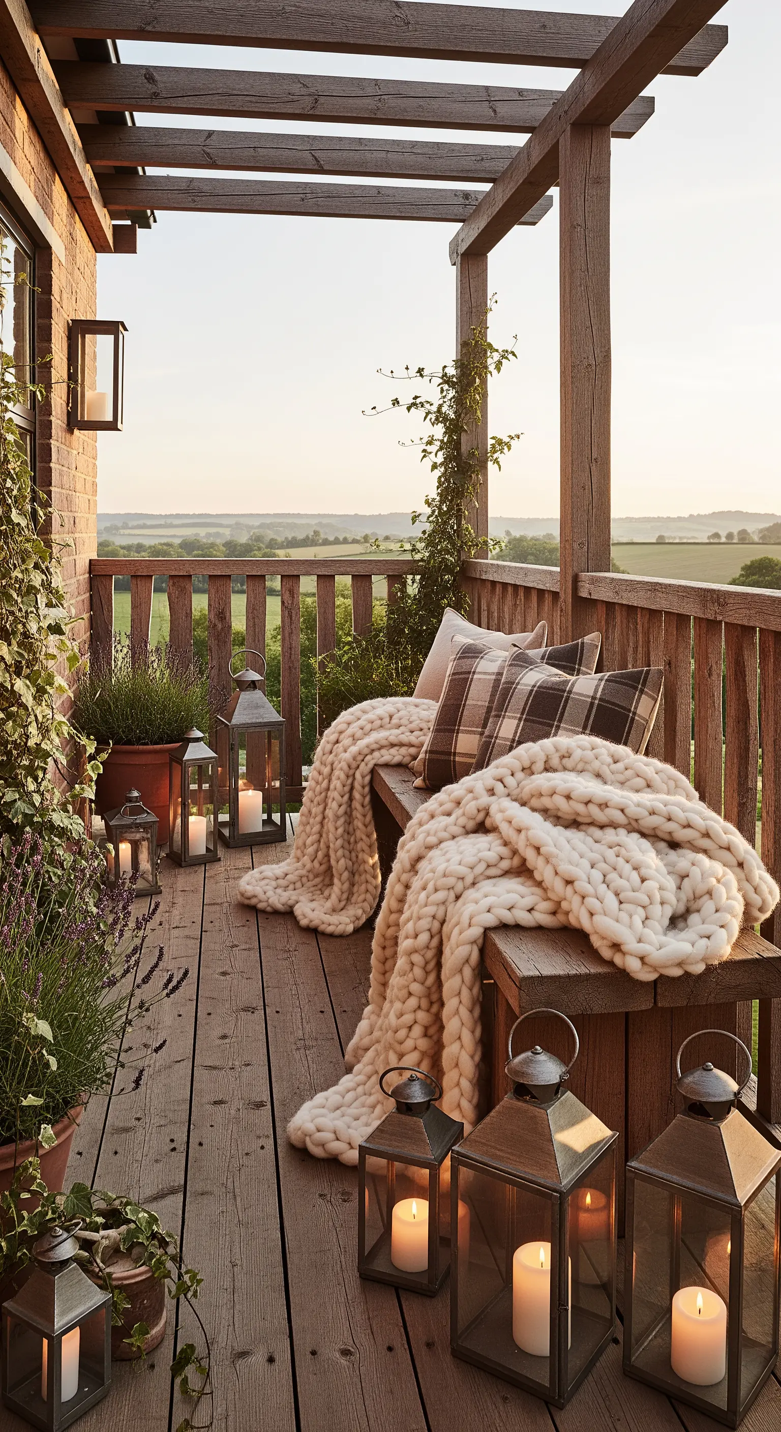 Balcone rustico in legno con panca, coperta a maglia grossa e lanterne accese al tramonto.