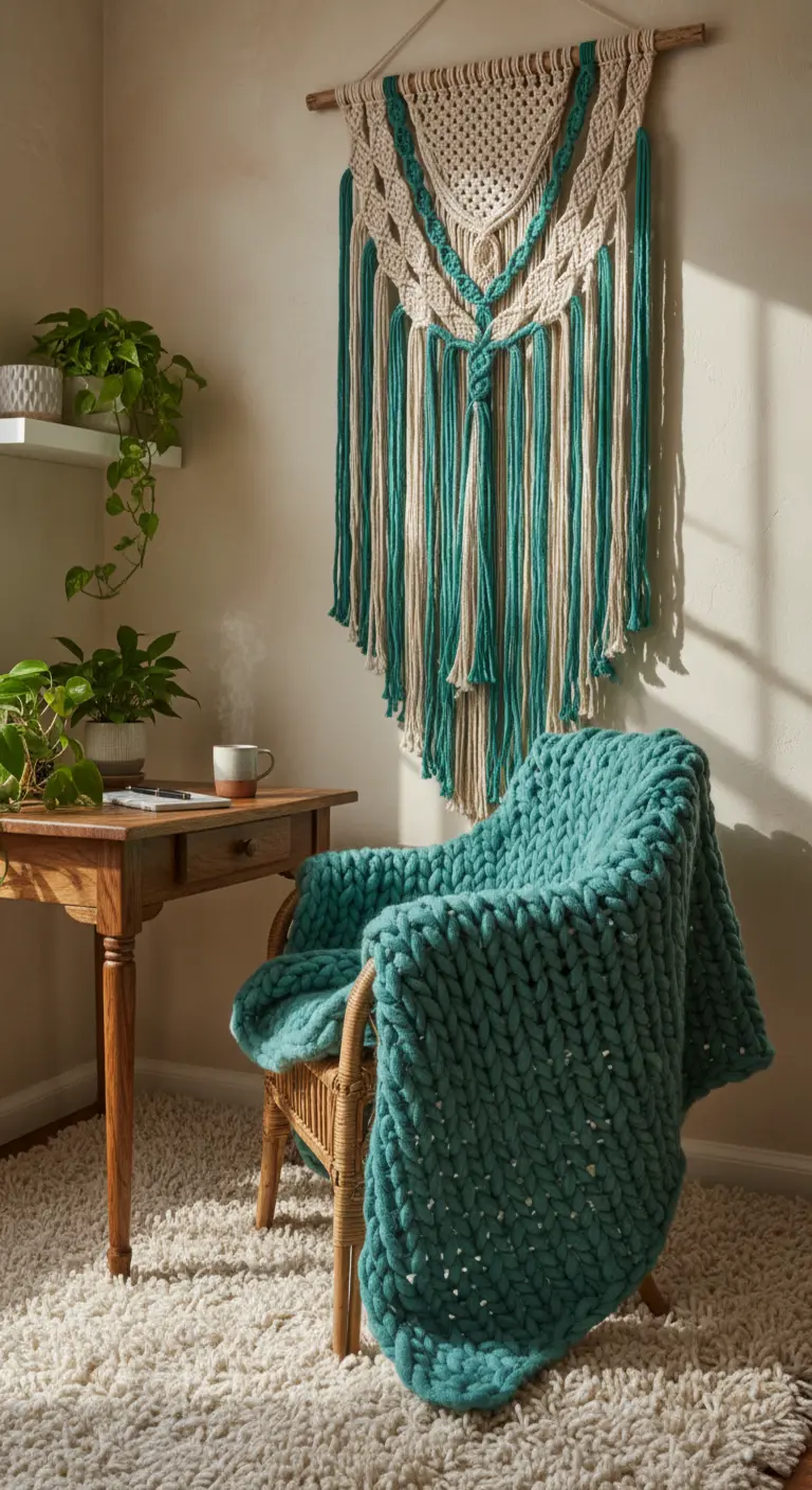 Angolo lavoro con sedia in rattan coperta da un plaid in maglia chunky color verde acqua.