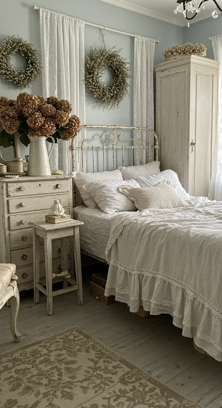 Camera da letto shabby chic total white con mobili decapati e ghirlande di ortensie secche.
