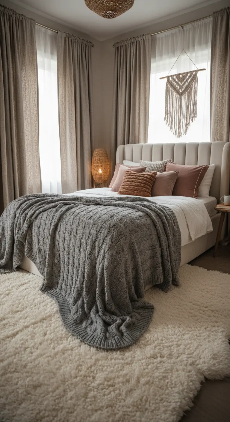 Camera da letto con un grande tappeto shaggy, coperta a maglia grossa e cuscini di diverse texture.