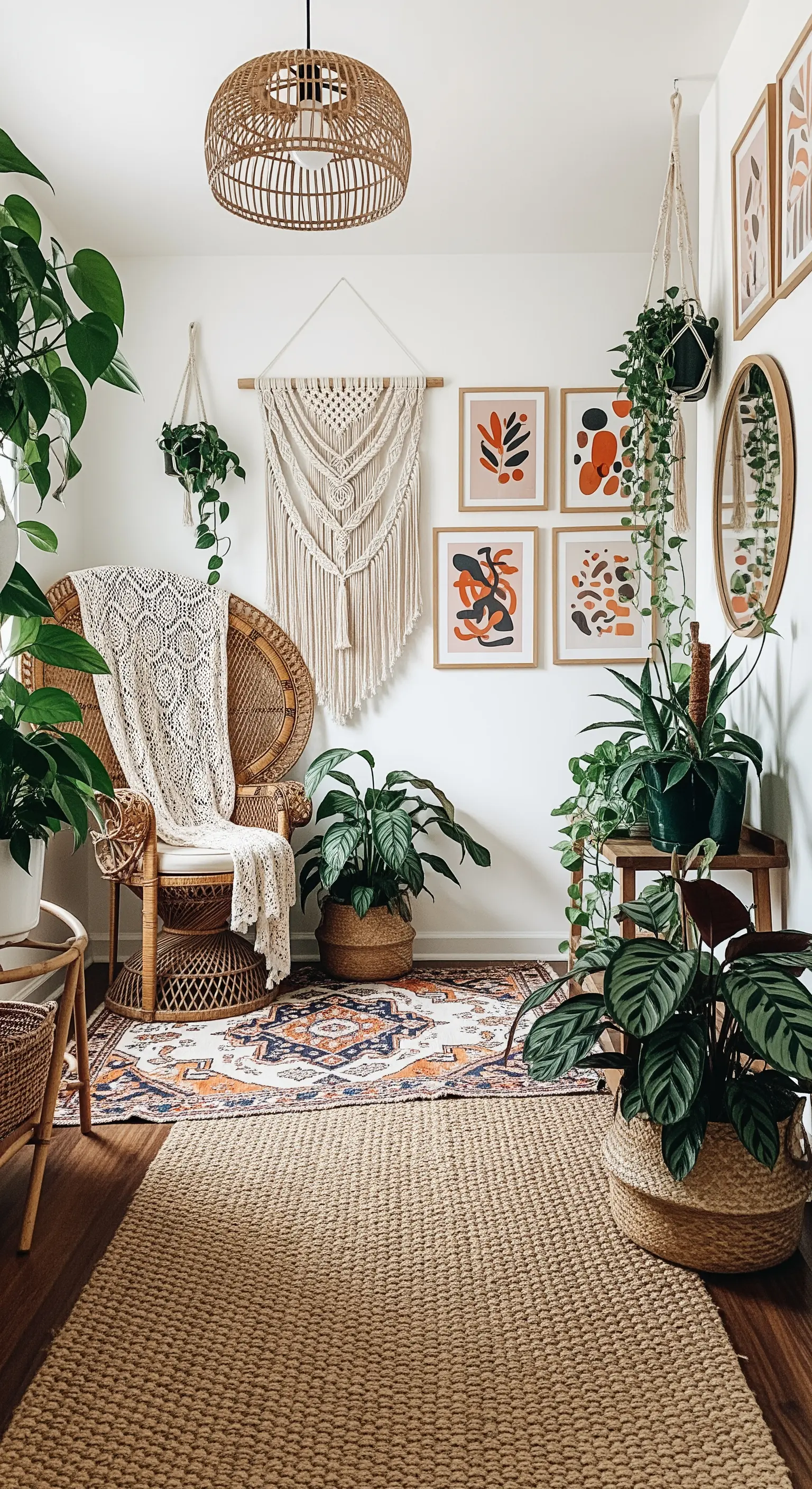 Angolo boho con sedia in rattan, macramè, tante piante e tappeti sovrapposti.