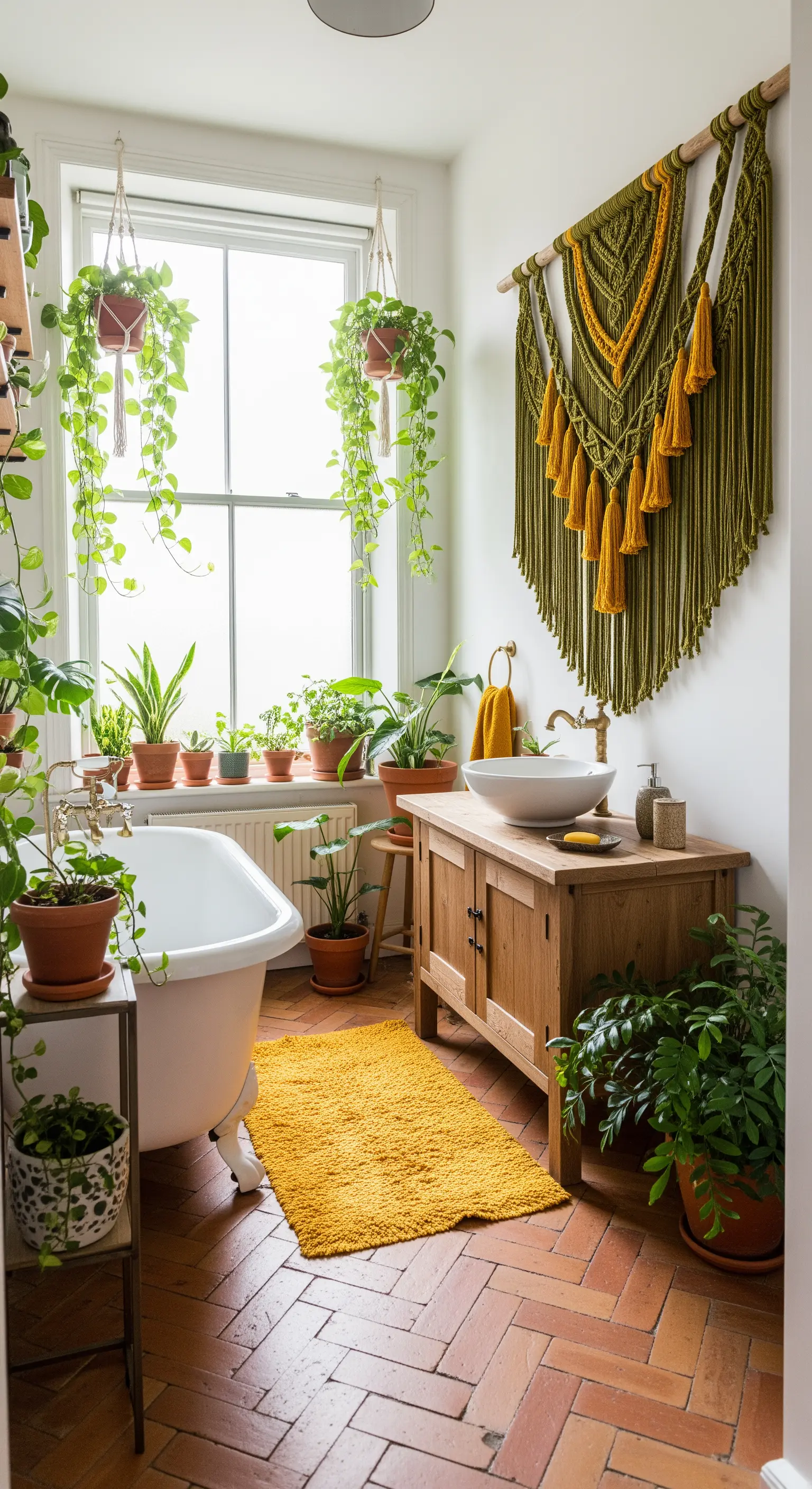 Bagno in stile boho con pavimento in cotto, vasca vintage, arazzo in macramè e molte piante.