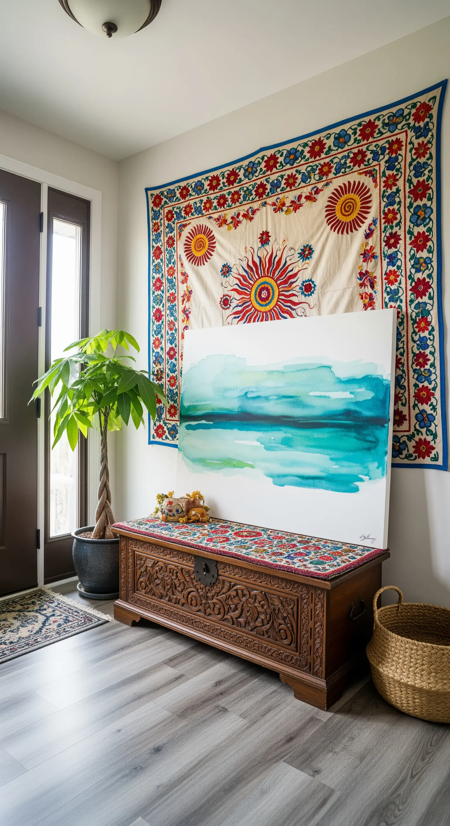 Ingresso con grande arazzo Suzani al muro, cassapanca intagliata e quadro appoggiato.