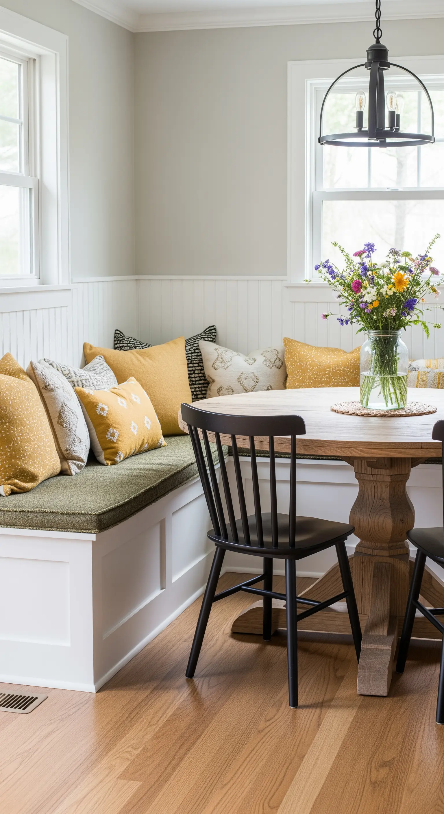 Angolo colazione con panca bianca, cuscino di seduta verde oliva e cuscini gialli.