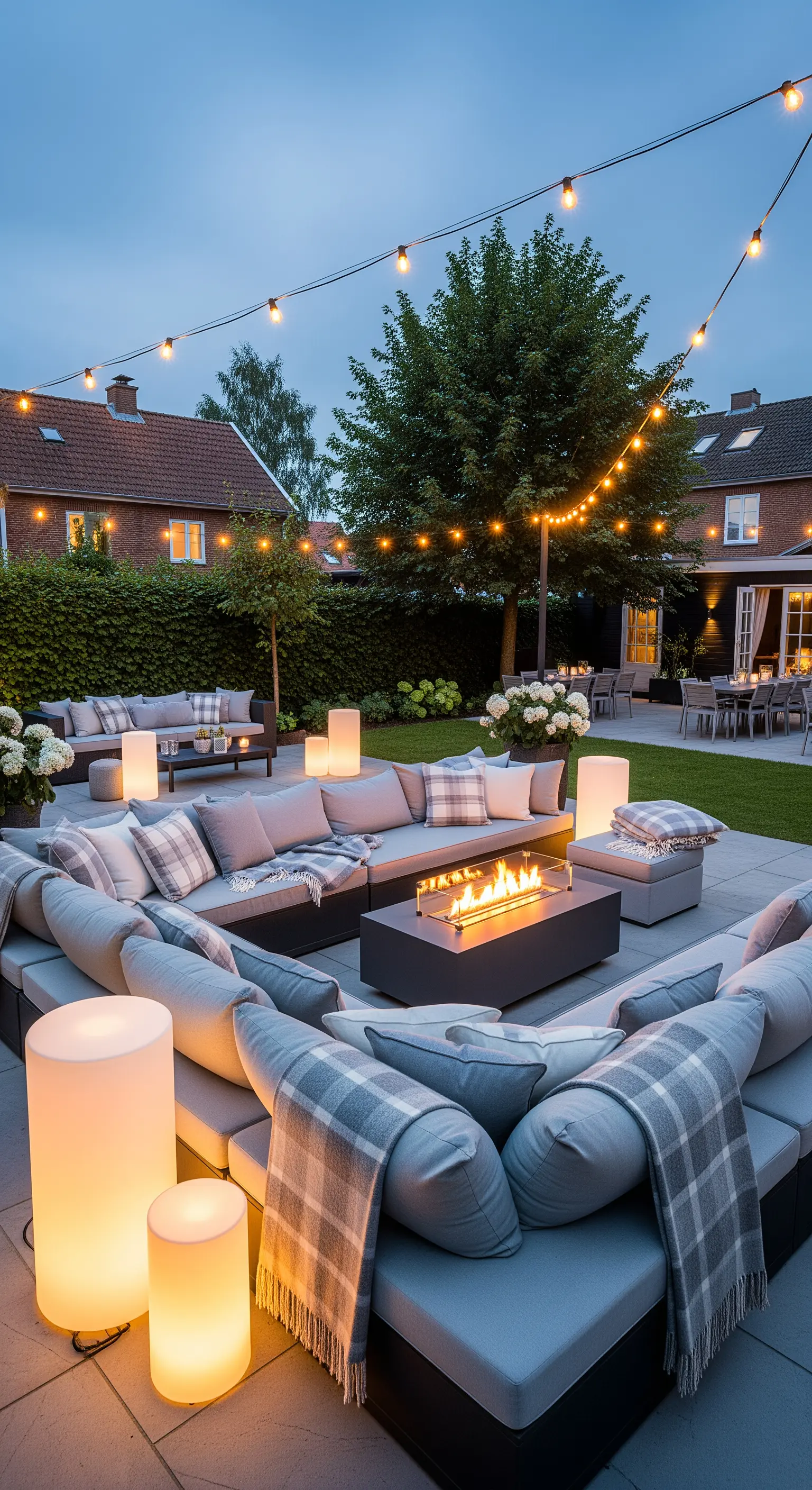 Grande patio con divani modulari grigi, braciere, lanterne e catene di luci sospese.