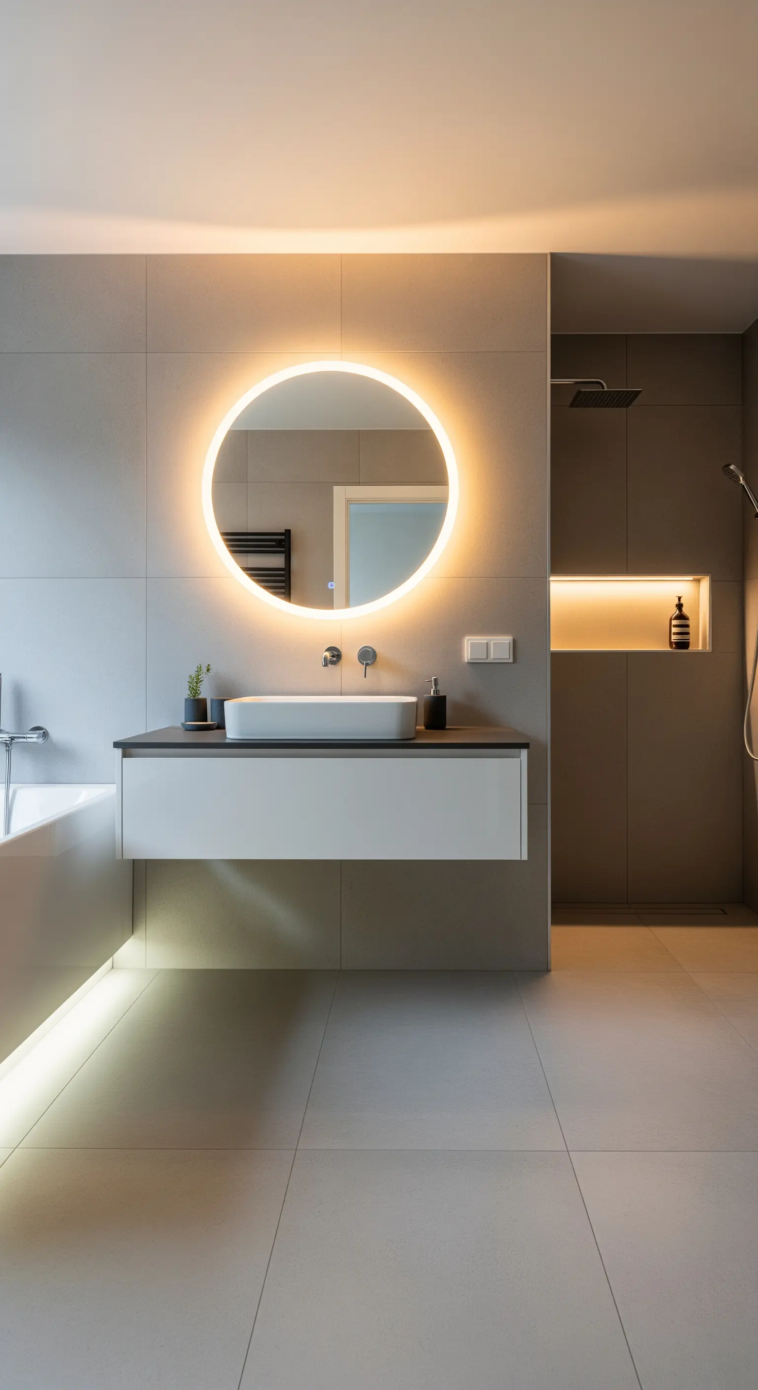 Bagno con specchio rotondo illuminato, nicchia a LED e luce sotto il mobile lavabo.