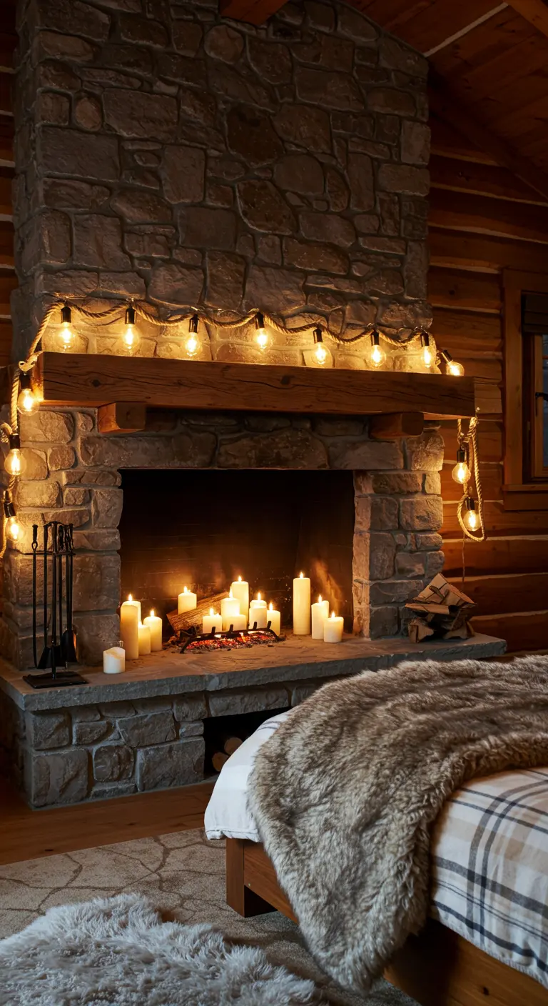 Camino in pietra decorato con luci a bulbo e candele, in una camera da letto accogliente.