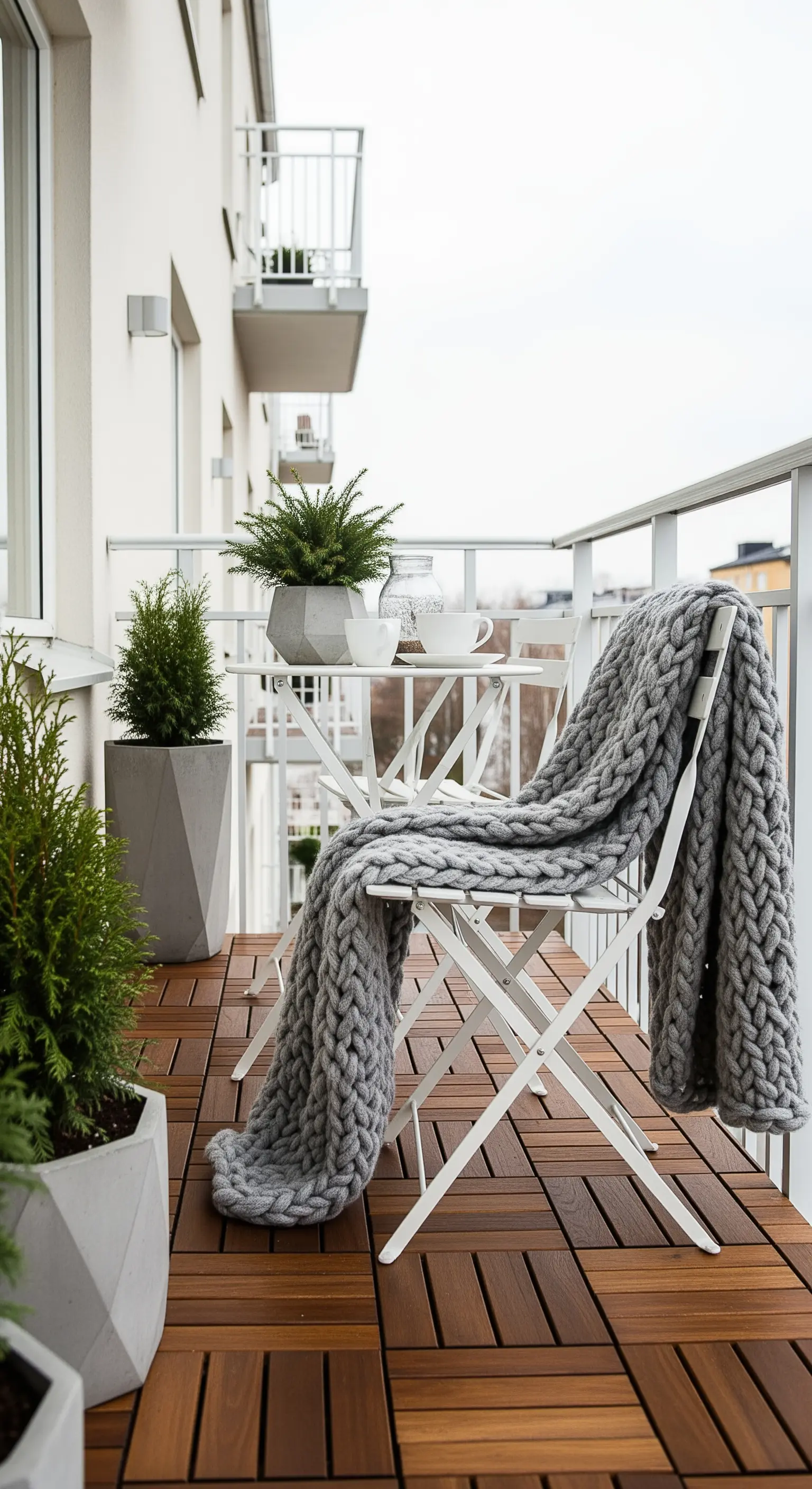 Balcone scandinavo con pavimento in legno, arredi bianchi e coperta di lana grigia a maglia grossa.