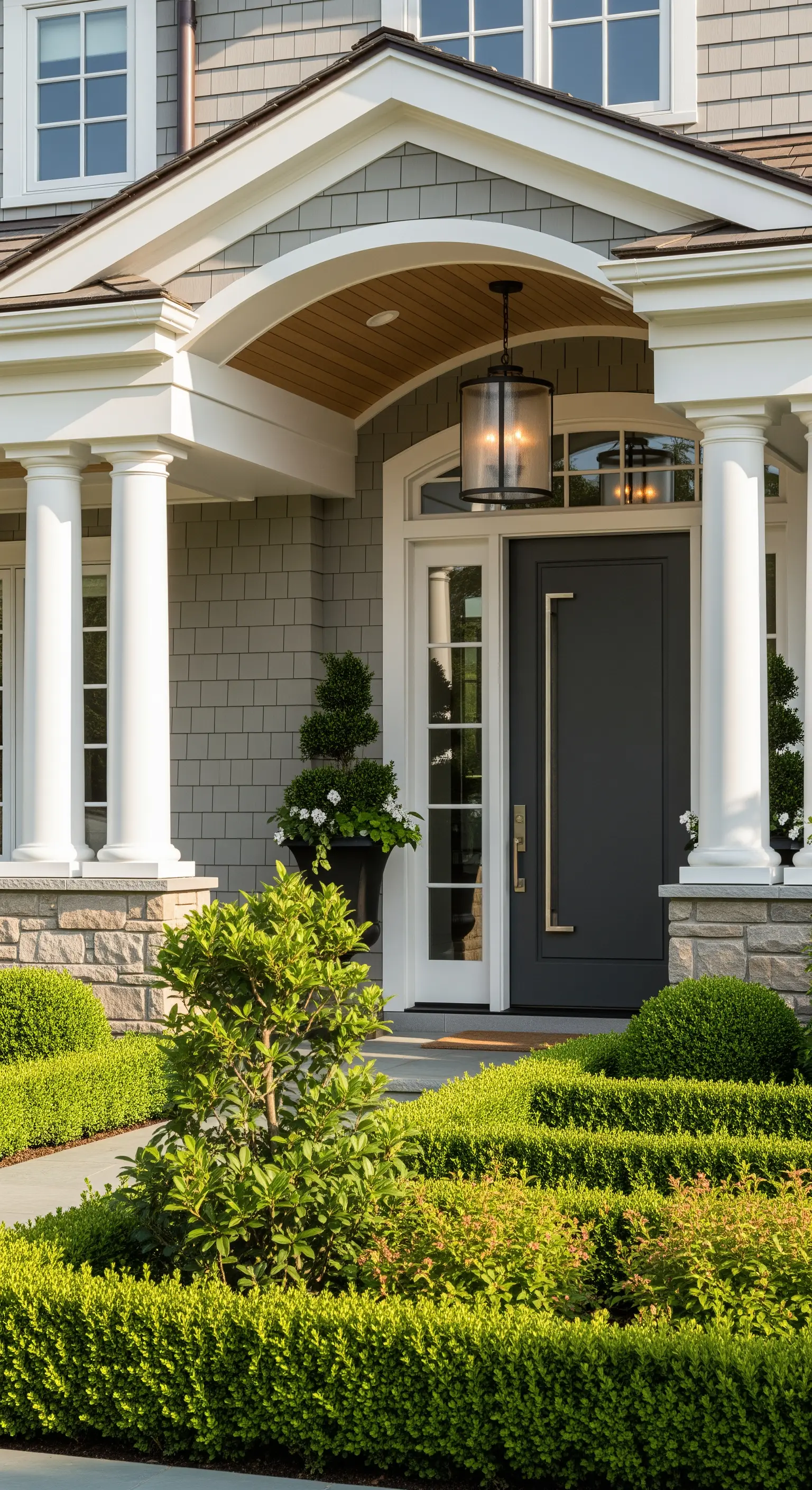 Portico in stile Craftsman con base in pietra, colonne bianche e dettagli in legno naturale.