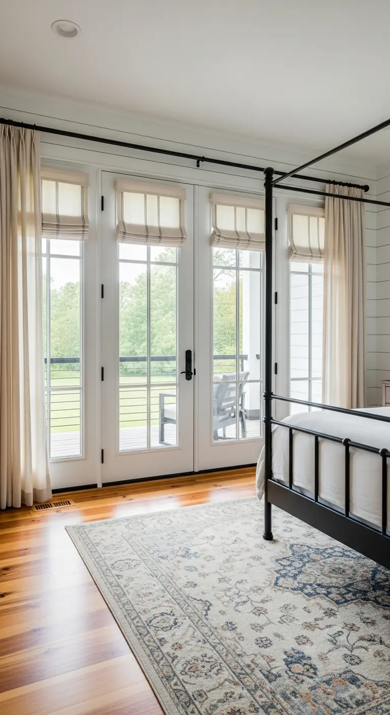 Camera con letto a baldacchino nero e porte finestre vestite da tende a pacchetto e tende leggere.