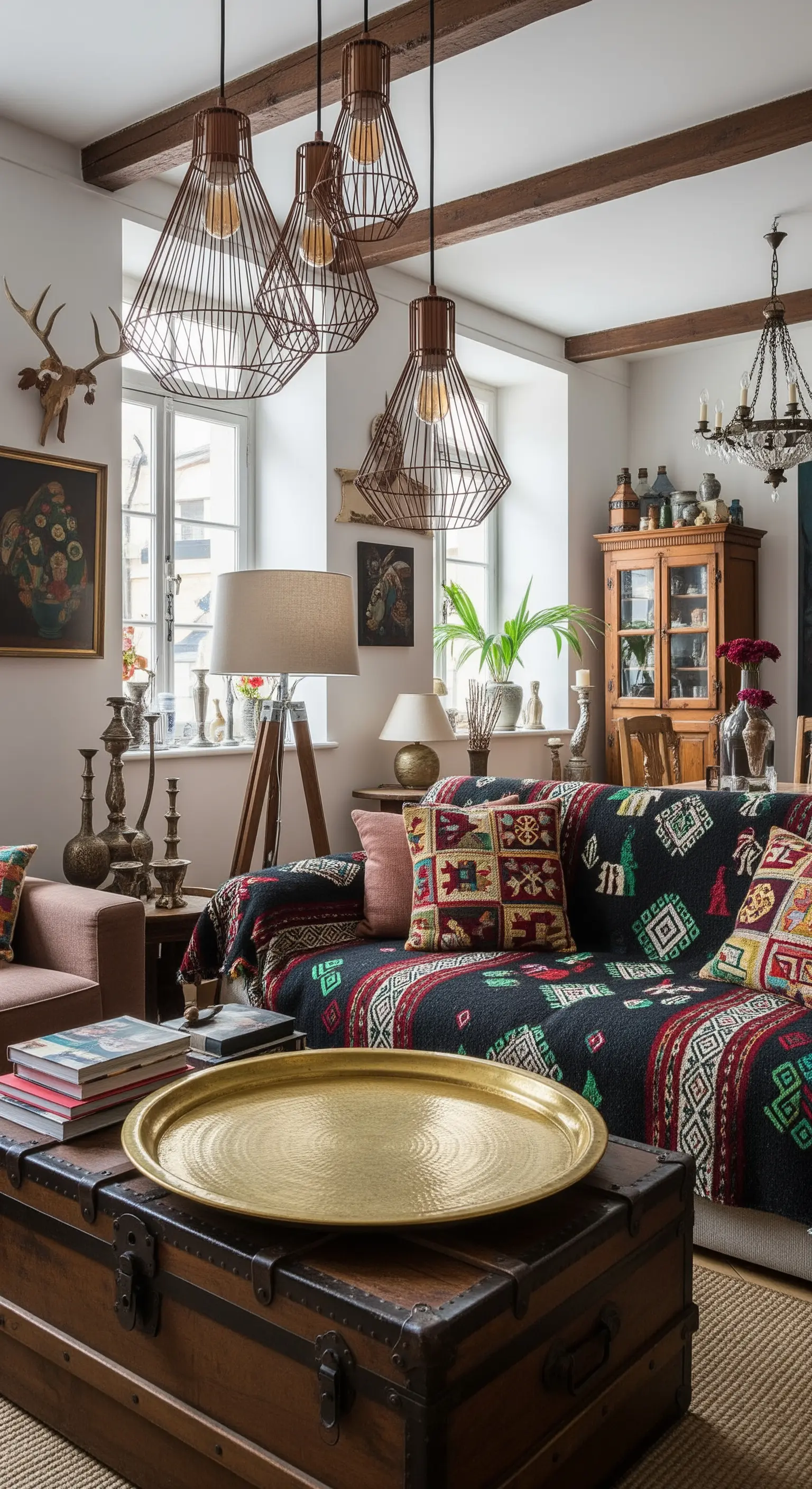 Salotto eclettico con lampade a sospensione in filo di rame e un grande baule.