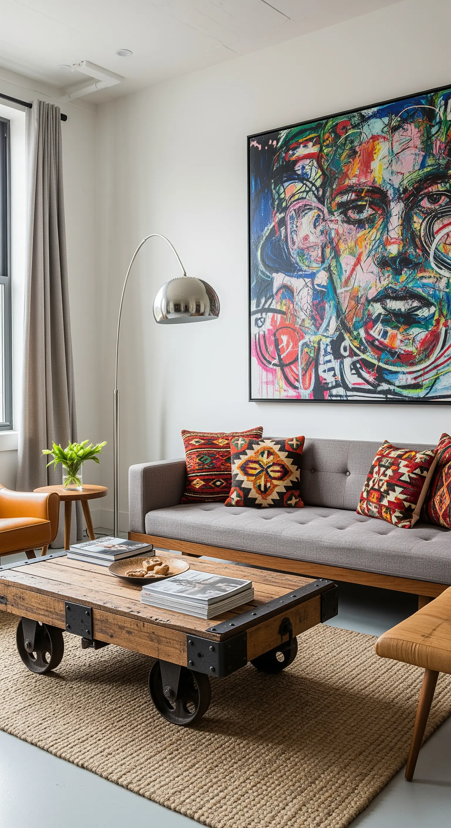 Salotto con divano grigio, cuscini kilim, tavolino industriale e grande quadro colorato.