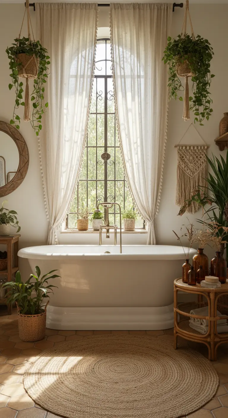 Bagno in stile boho con vasca bianca, tende in lino, tappeto in juta e numerose piante verdi.