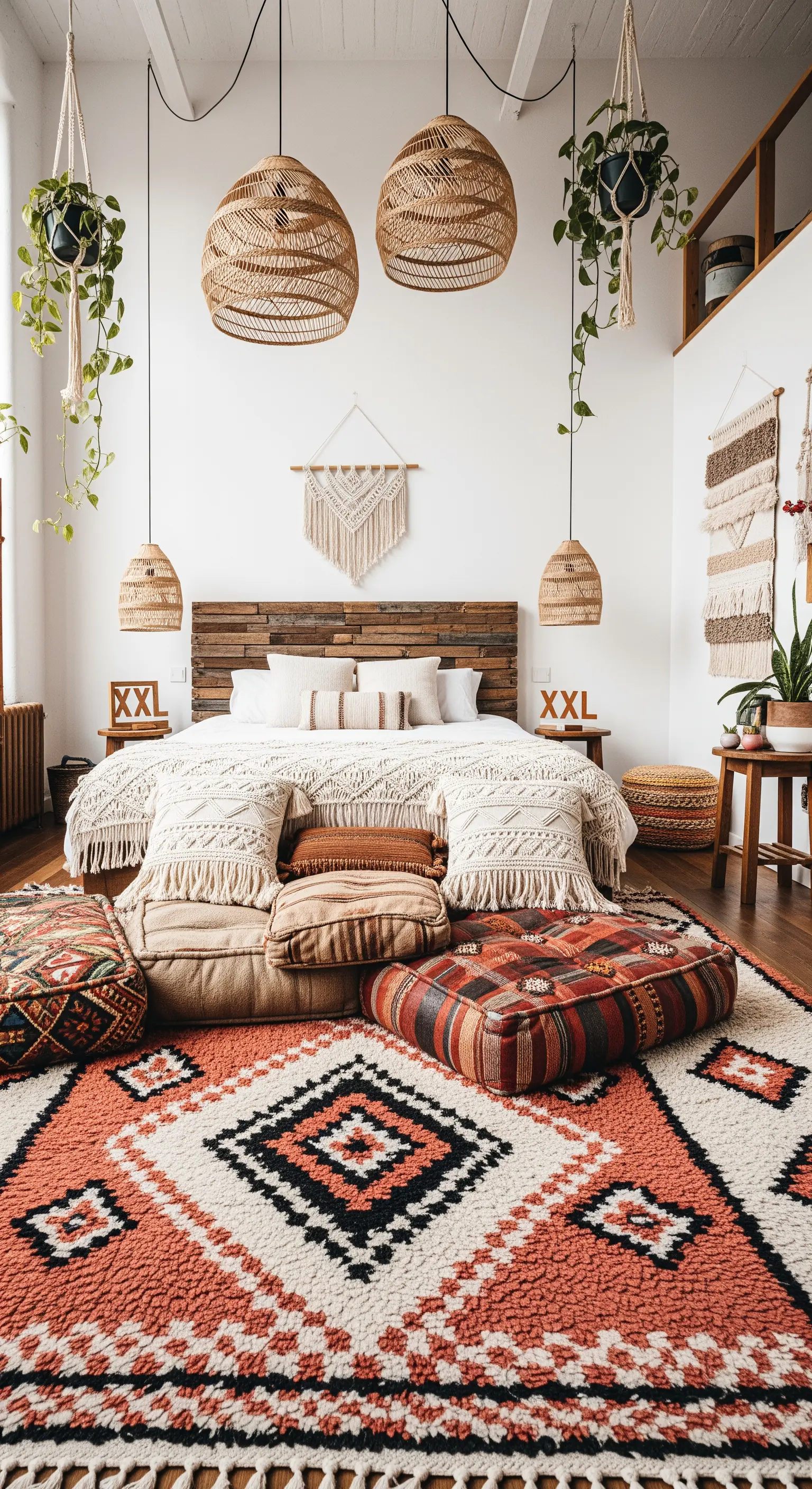 Camera da letto boho con tappeto etnico, cuscini da pavimento e lampade in rattan sospese.