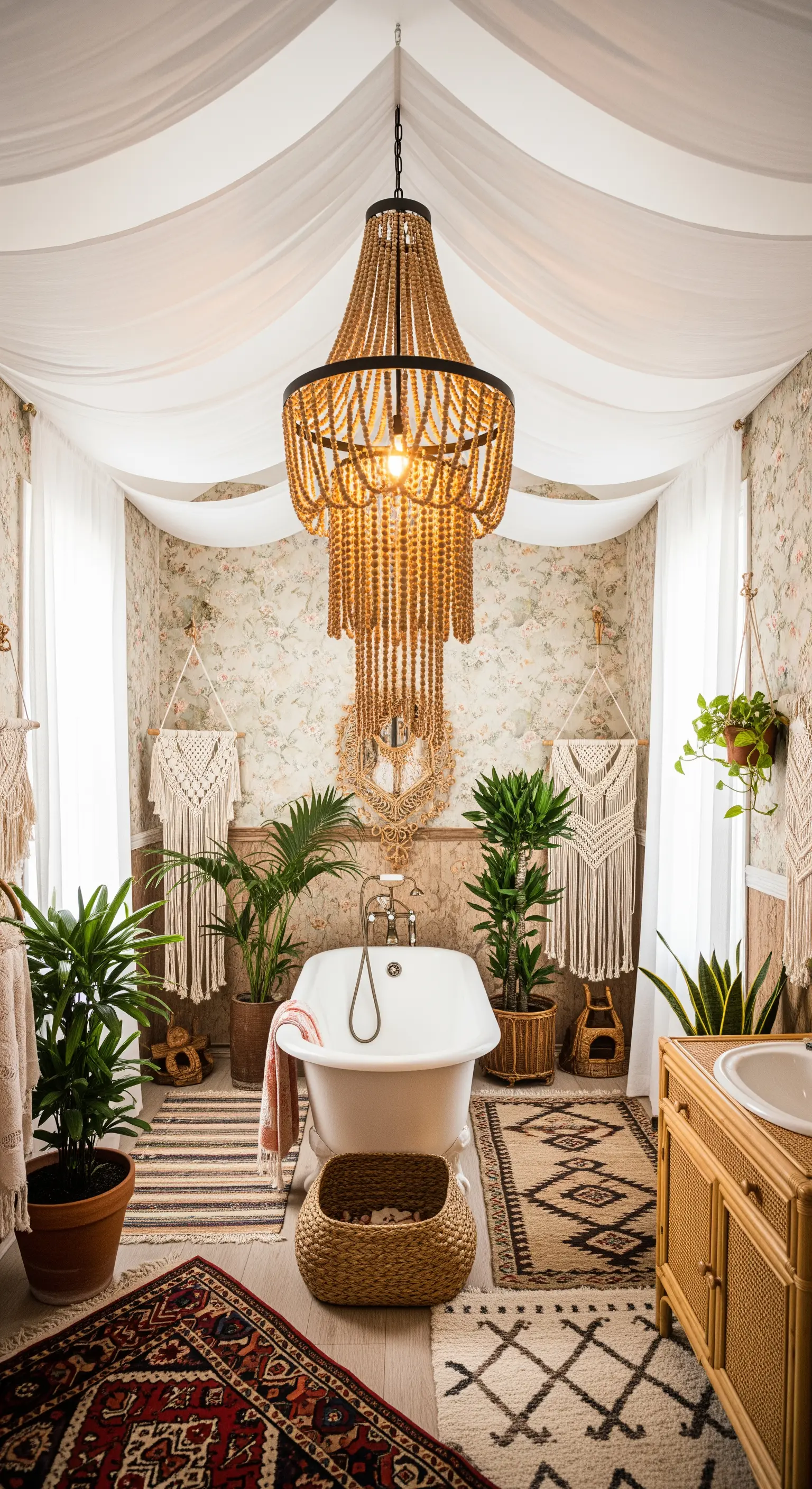 Bagno in stile bohémien con lampadario di perline di legno, piante e tappeti etnici.