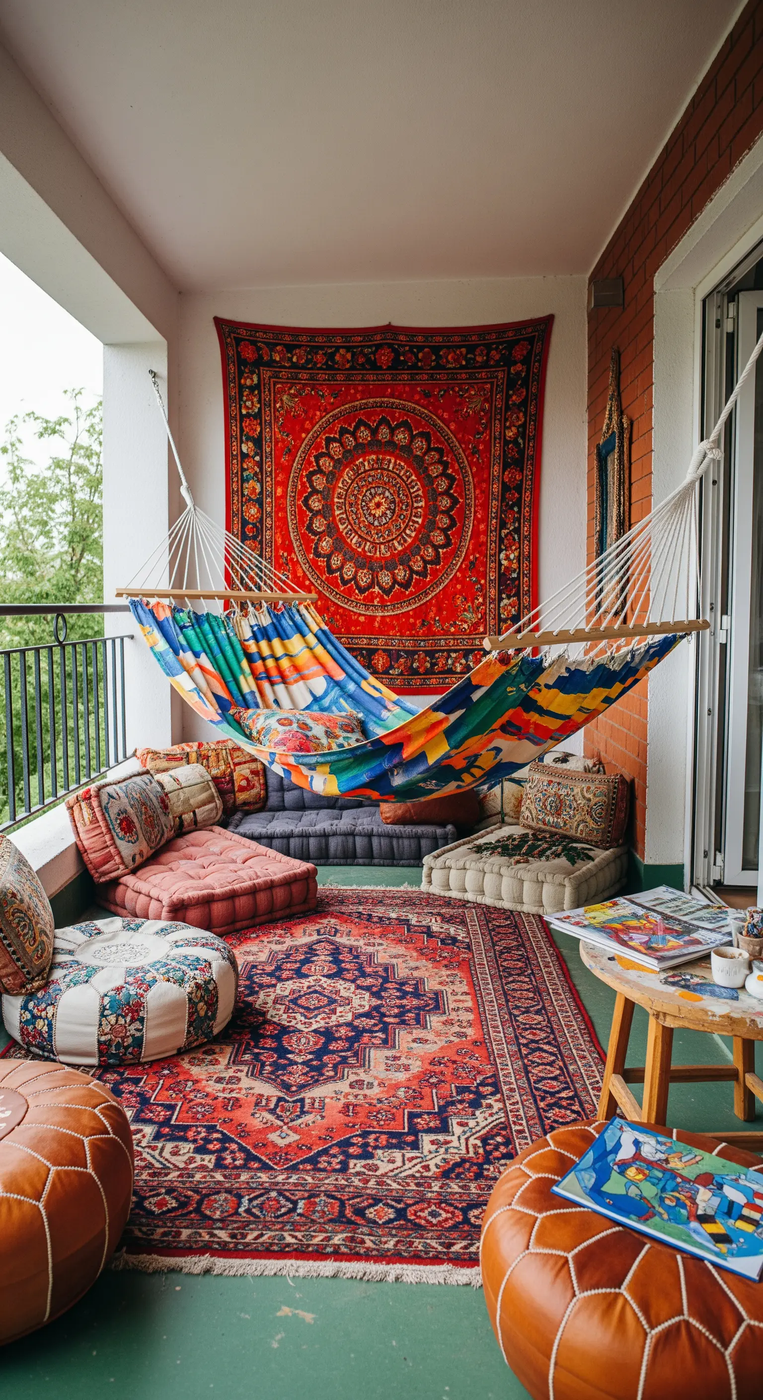 Balcone bohémien con tappeti persiani, cuscini da pavimento e amaca patchwork colorata.