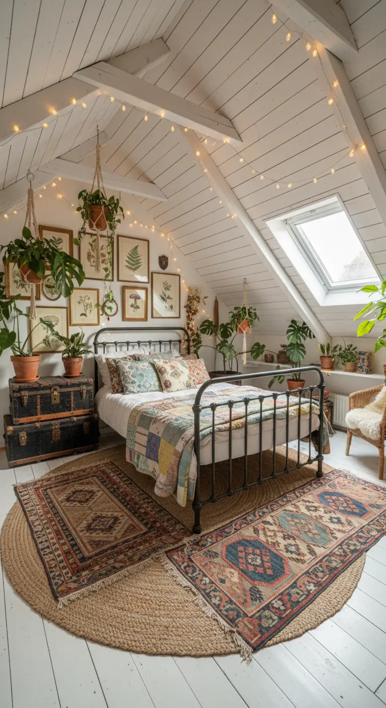 Mansarda bohémien con letto in ferro, piante e tappeti persiani sovrapposti su uno in juta.