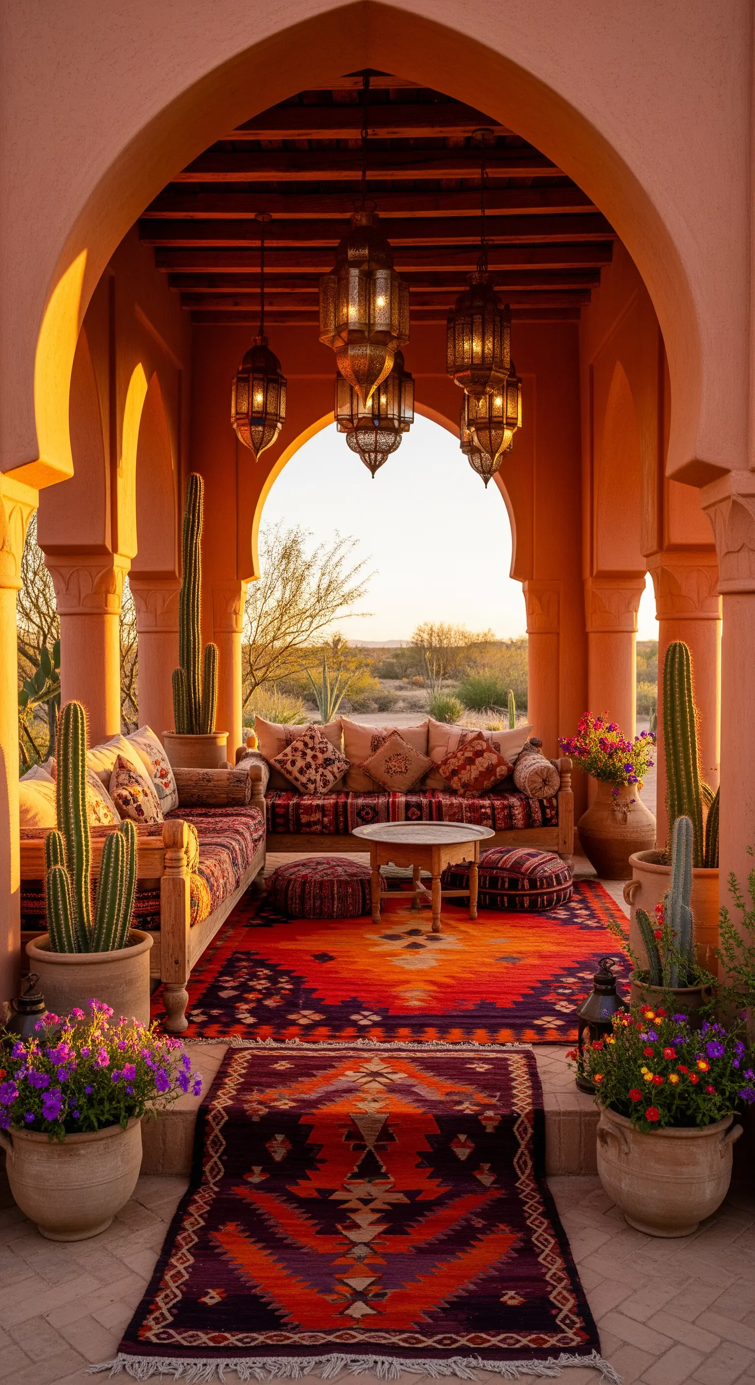 Portico in stile marocchino con tappeti kilim, divani bassi e lanterne metalliche sospese.