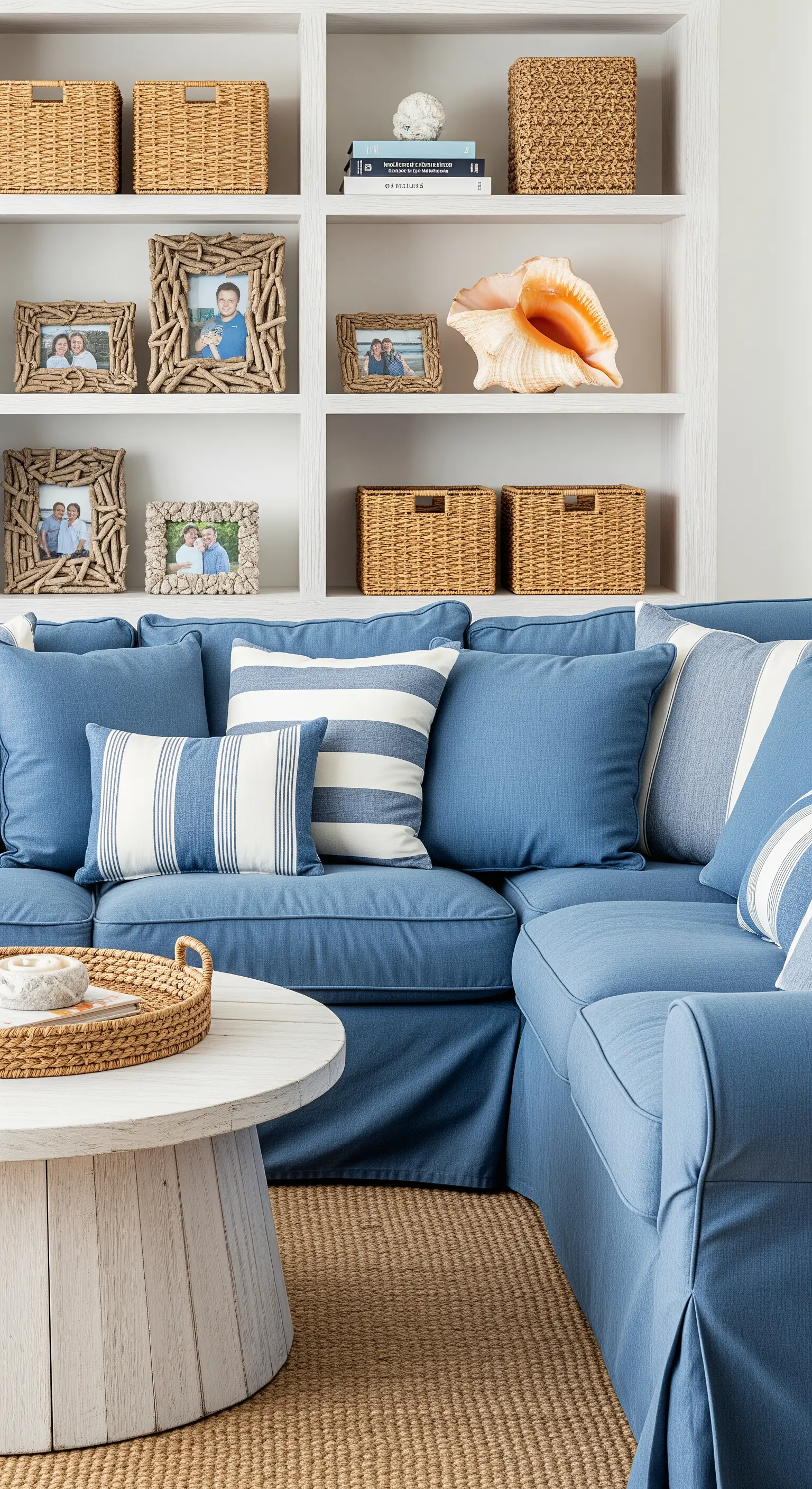 Divano blu con cuscini a righe e mensole con cesti in vimini.