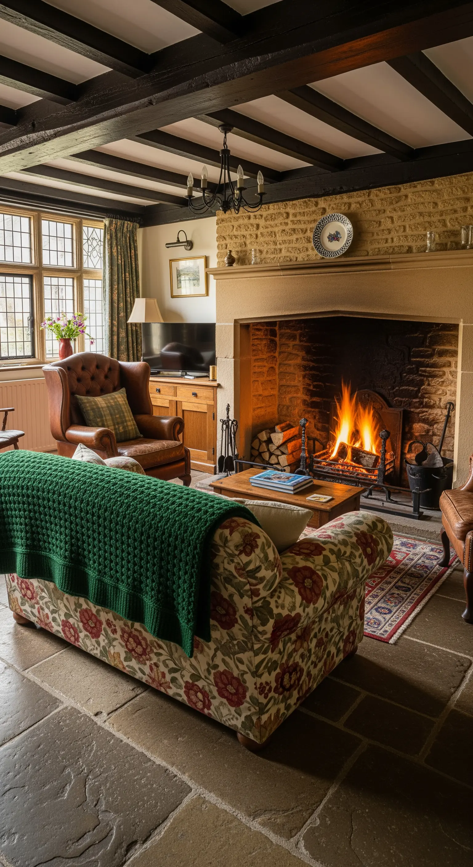 Soggiorno in stile cottage inglese con divano floreale, travi scure e camino acceso