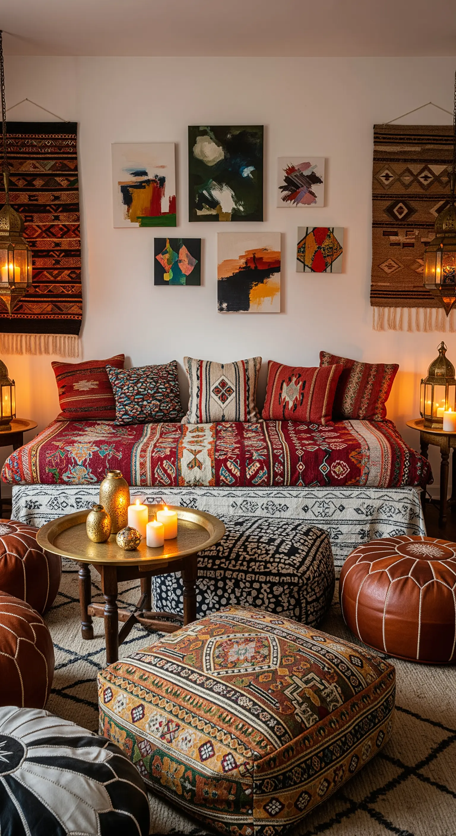 Salotto in stile marocchino con daybed, tappeti sovrapposti, pouf in pelle e lanterne.