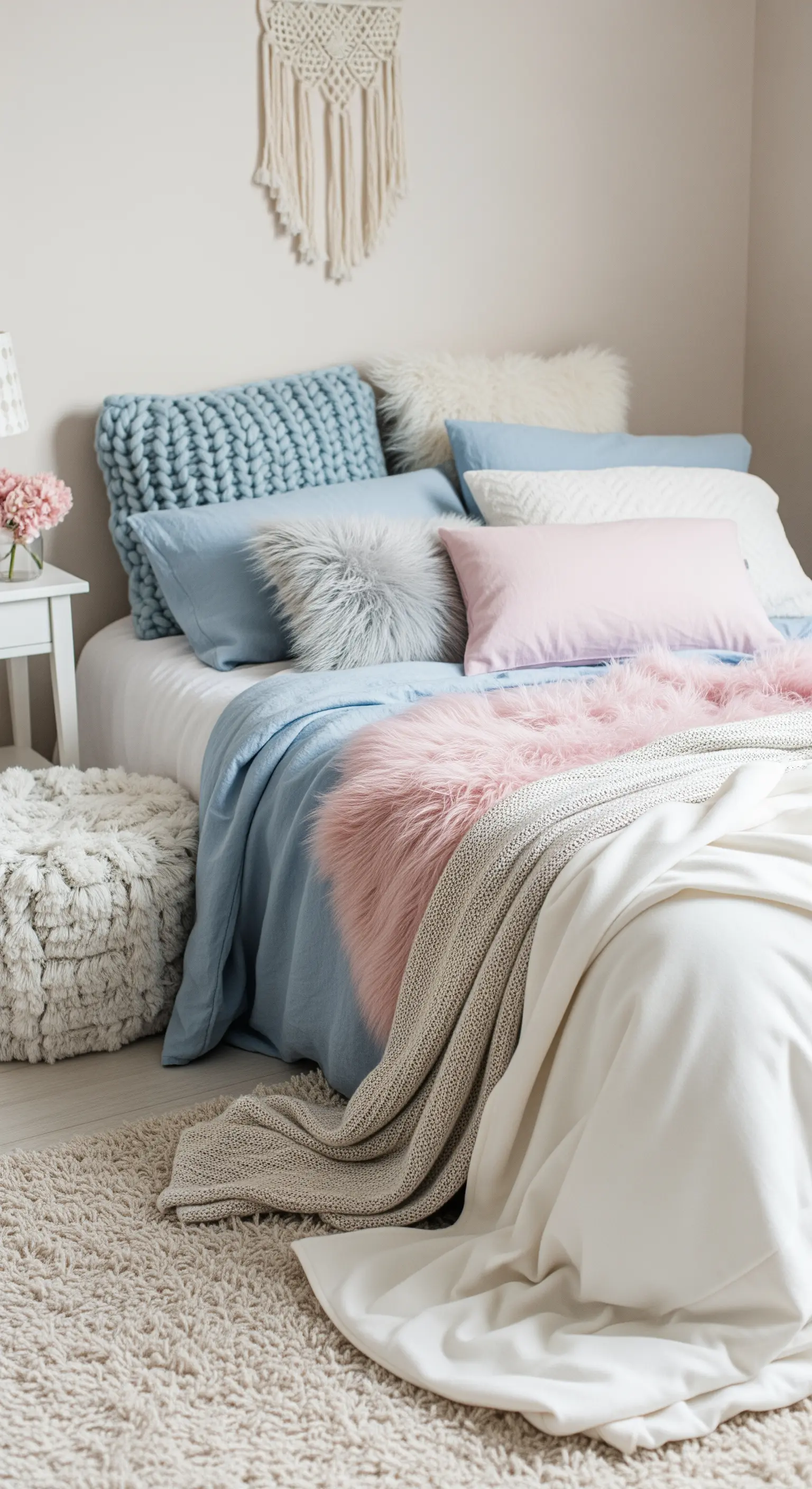Letto con una ricca stratificazione di cuscini e coperte pastello di diverse texture.