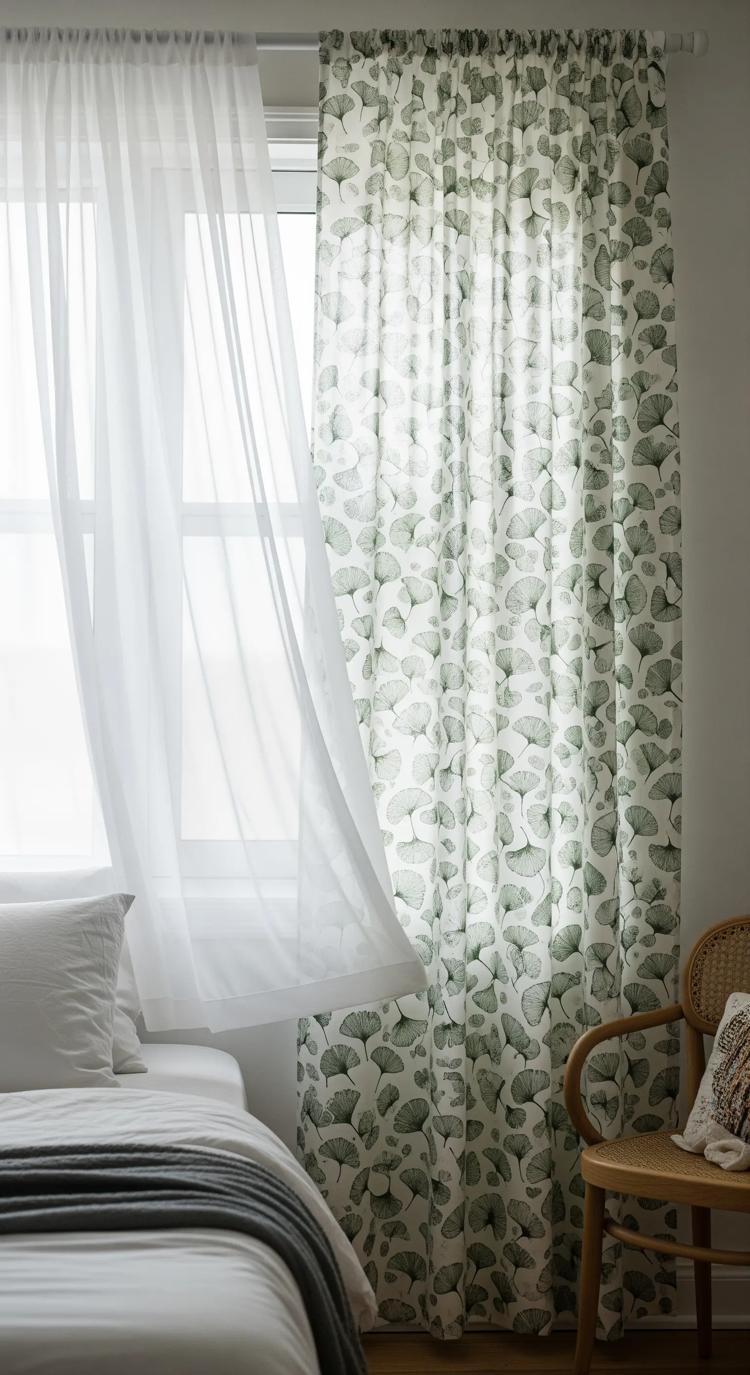 Tenda trasparente bianca sovrapposta a una tenda con stampa di foglie di ginkgo verde.