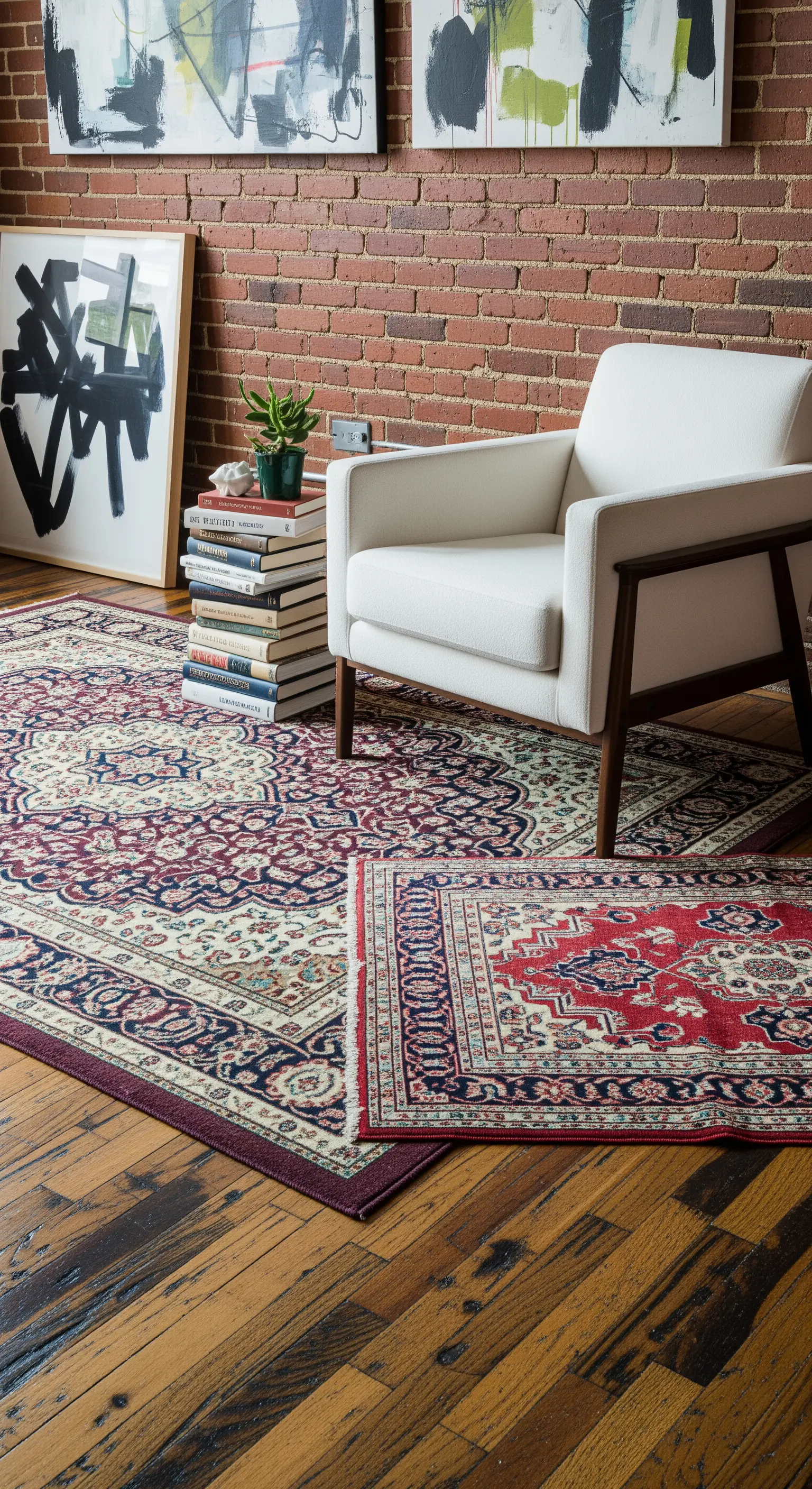 Poltrona bianca vicino a una parete di mattoni, con due tappeti persiani sovrapposti.