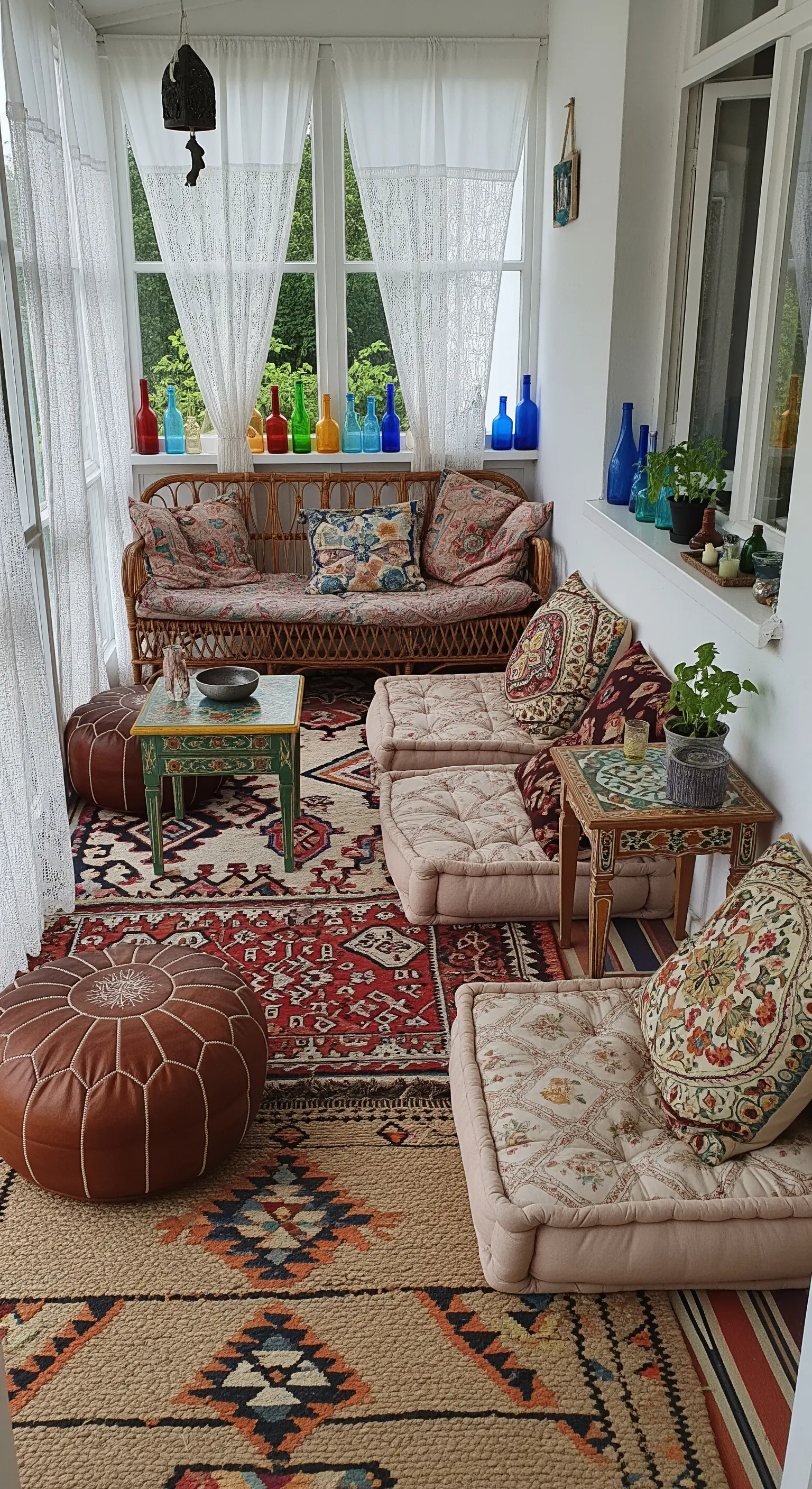 Veranda eclettica con tappeti sovrapposti, divano in rattan, pouf in pelle e cuscini da pavimento.