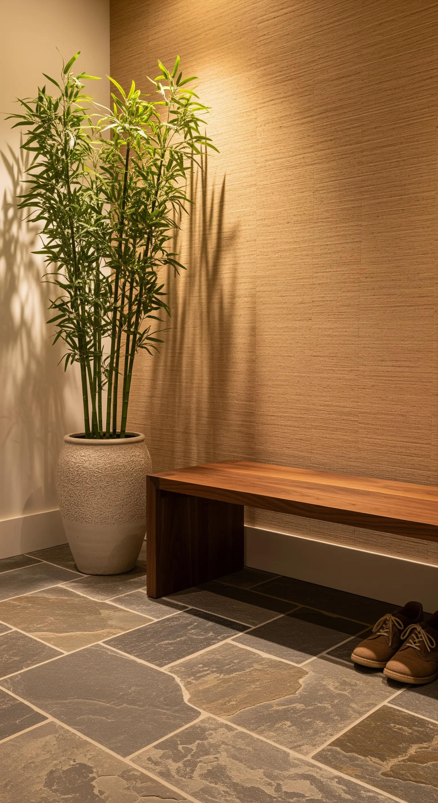 Ingresso con pavimento in ardesia, panca in legno scuro e grande pianta di bambù in un vaso.