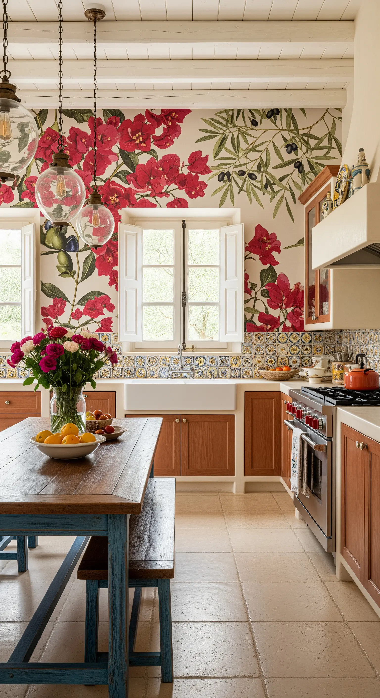 Cucina in stile mediterraneo con carta da parati a buganvillea e piastrelle decorate.