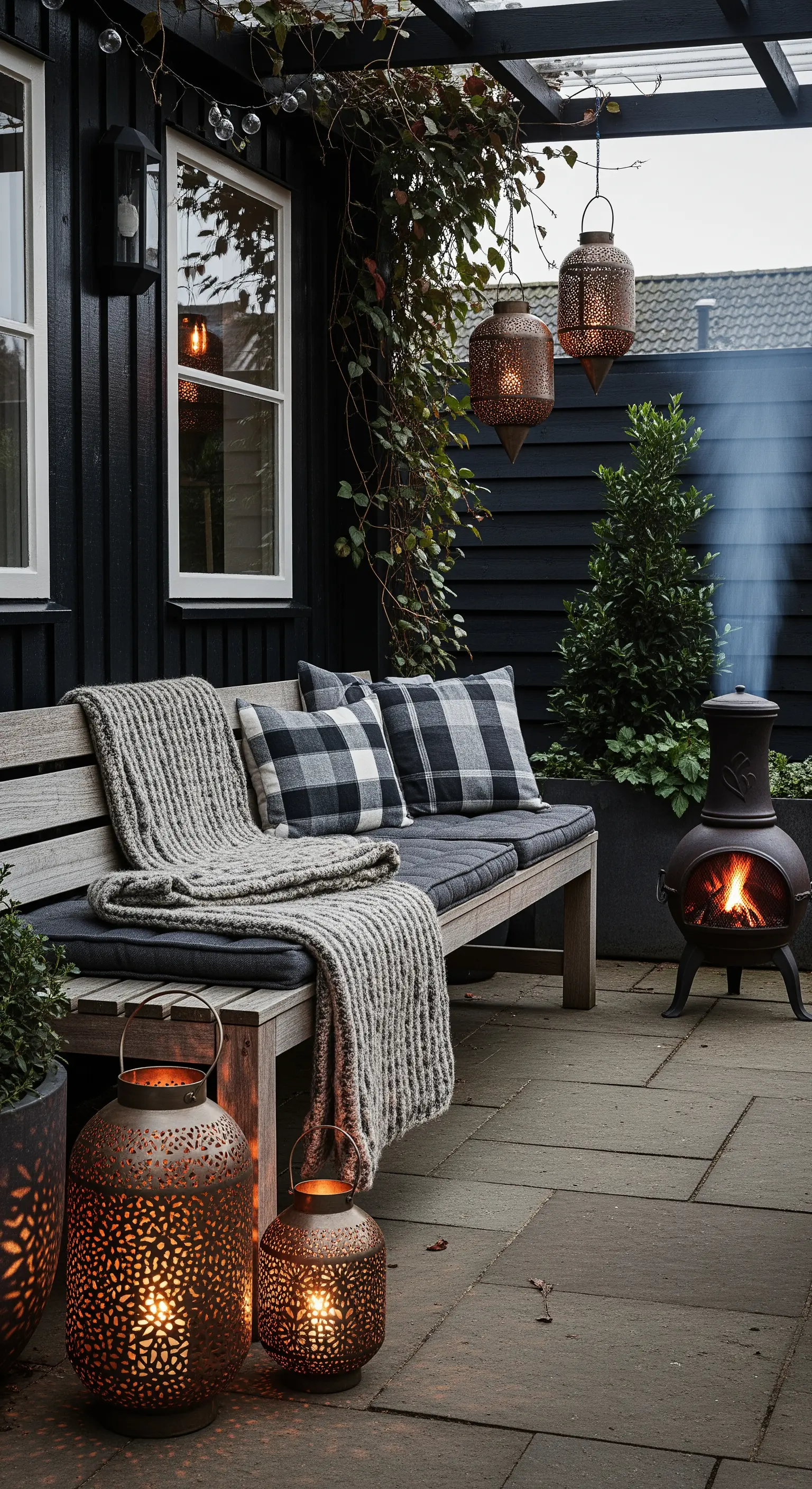 Panca in legno con plaid e cuscini a quadri, accanto a una stufa e lanterne metalliche.