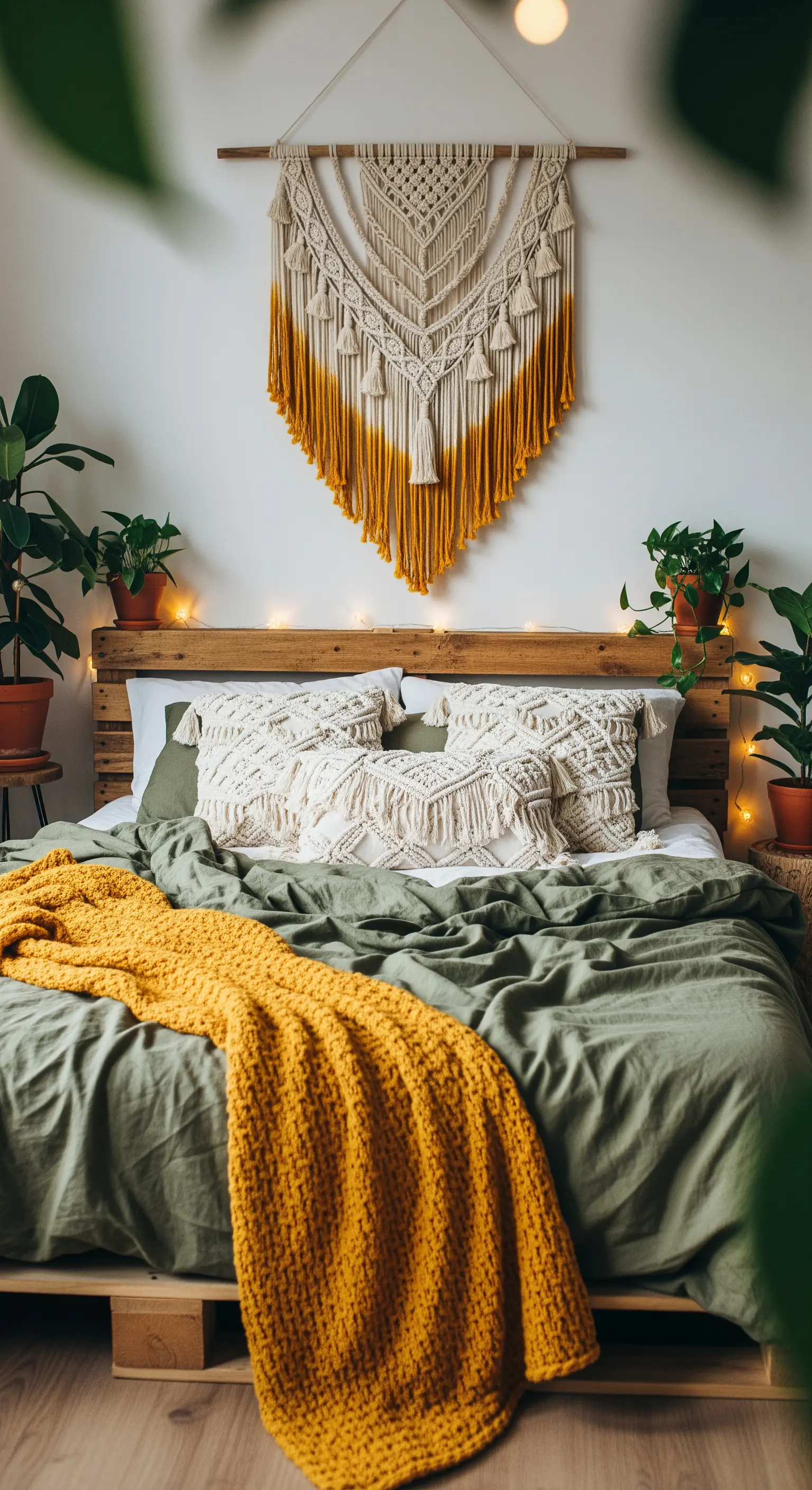 Letto in stile boho con copriletto verde oliva, plaid senape e arazzo in macramè.