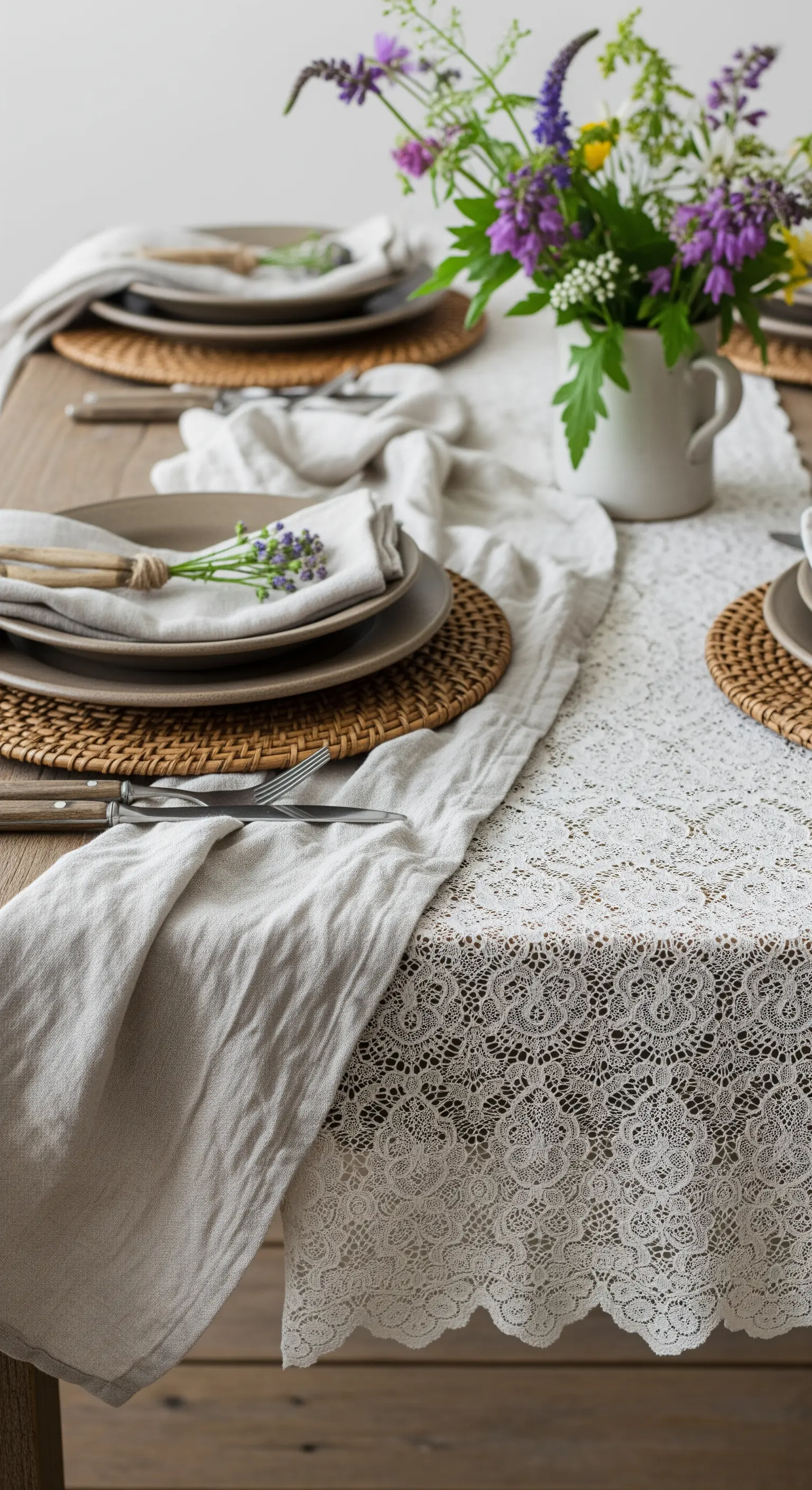 Tavola di legno con un runner di lino grigio sovrapposto a uno più largo di pizzo bianco