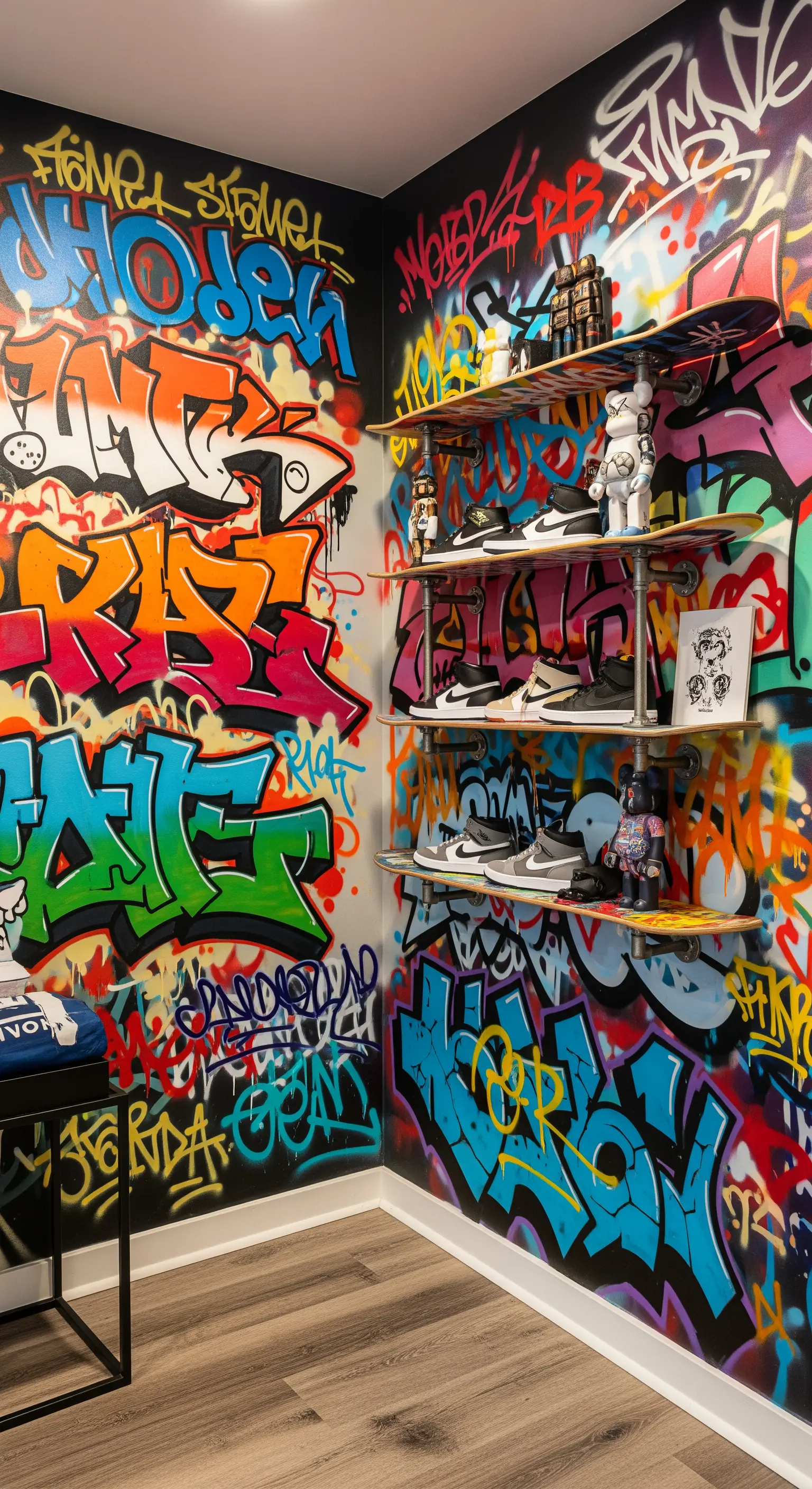 Mensole realizzate con tavole da skateboard su una parete interamente coperta di graffiti.