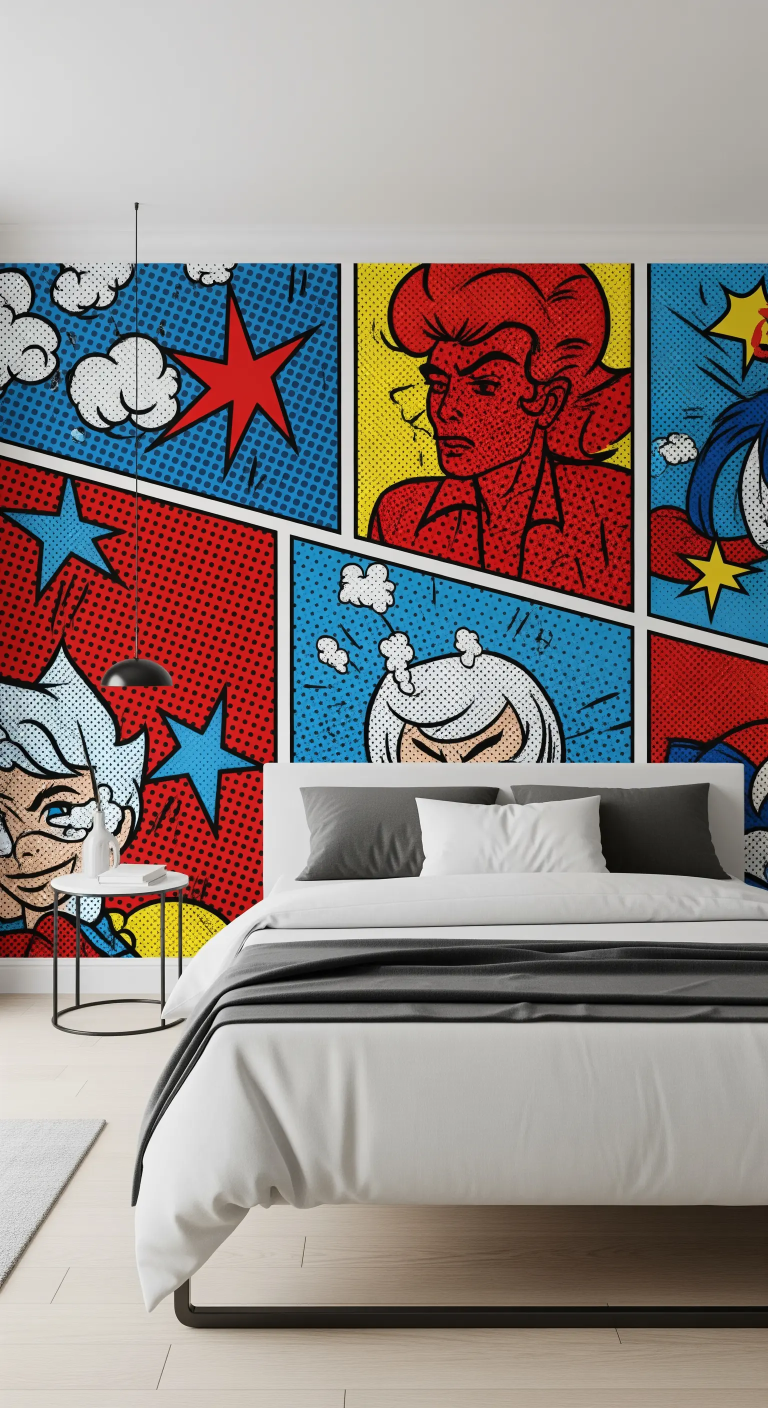 Camera da letto minimalista con un grande e colorato murale a tema fumetto Pop Art.