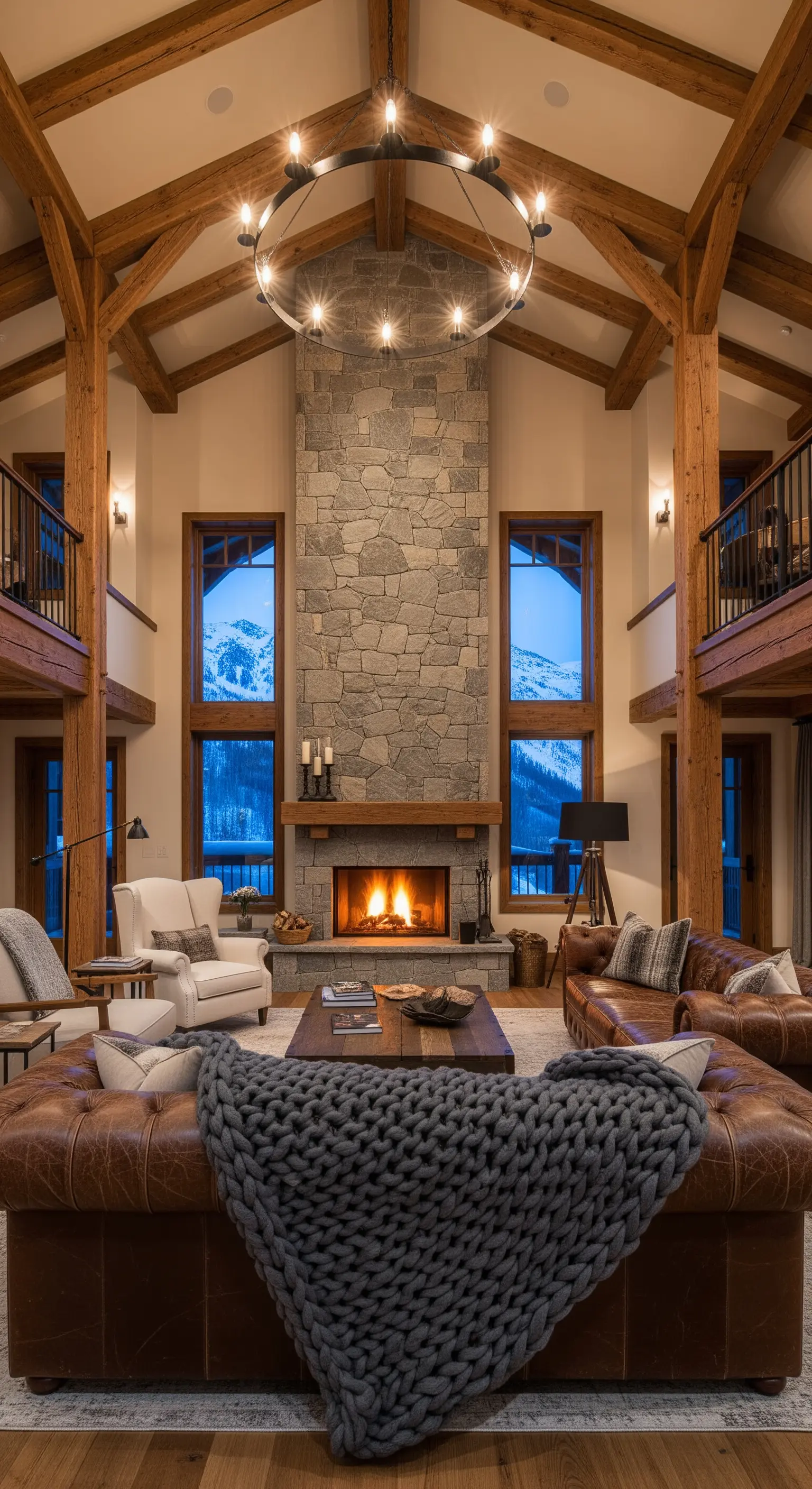 Soggiorno rustico con soffitto a cattedrale, camino in pietra e divani in pelle marrone