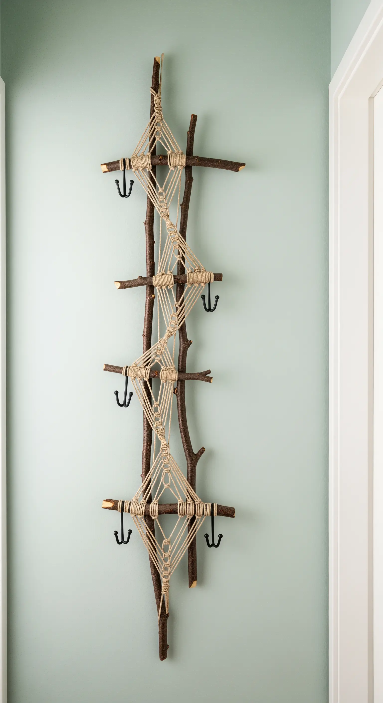 Appendiabiti verticale a scala fatto di rami, con ganci neri e una decorazione in macramè.