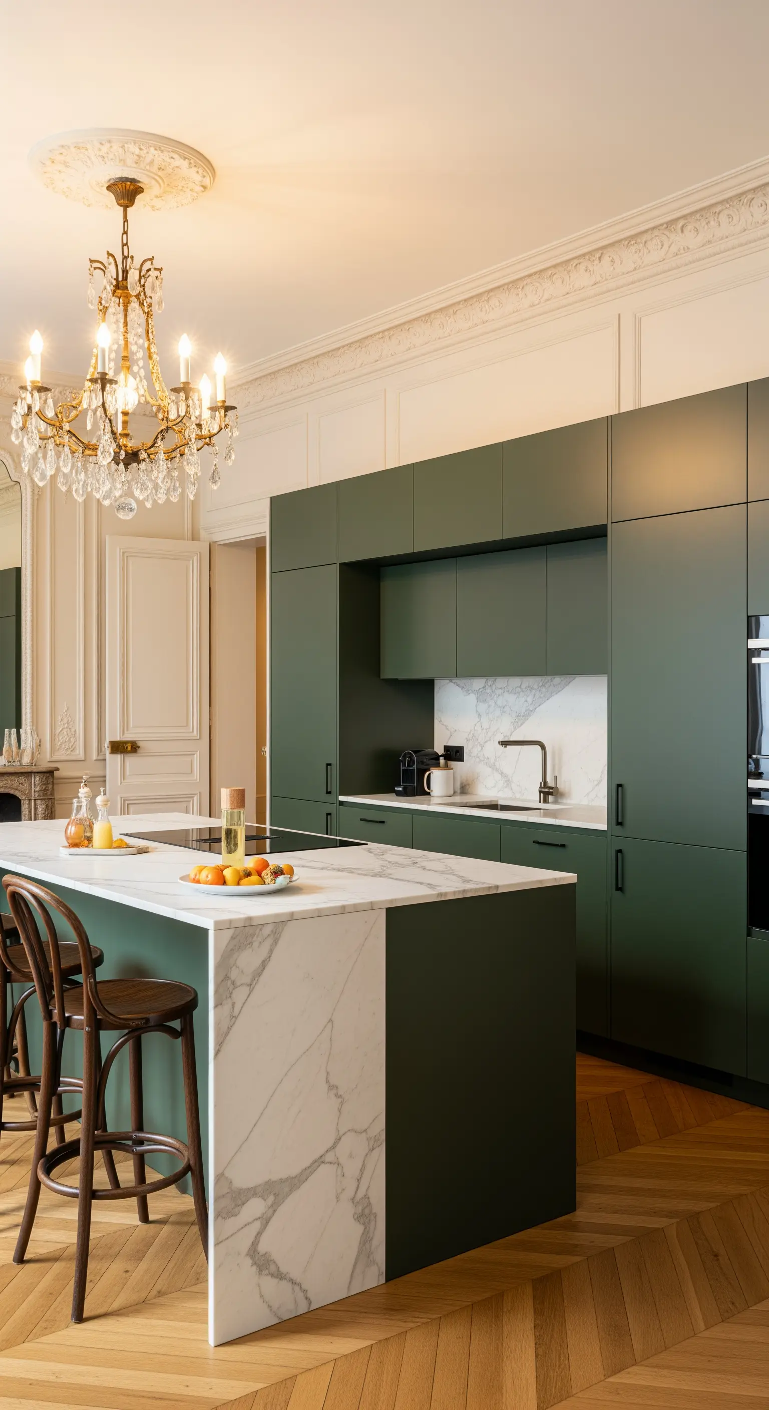 Cucina verde opaco con isola in marmo, inserita in un ambiente classico con stucchi e lampadario antico.