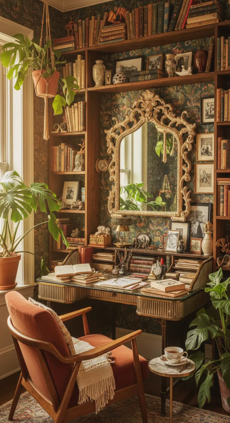 Scrittoio integrato in una libreria scura, con specchio barocco e molte piante.