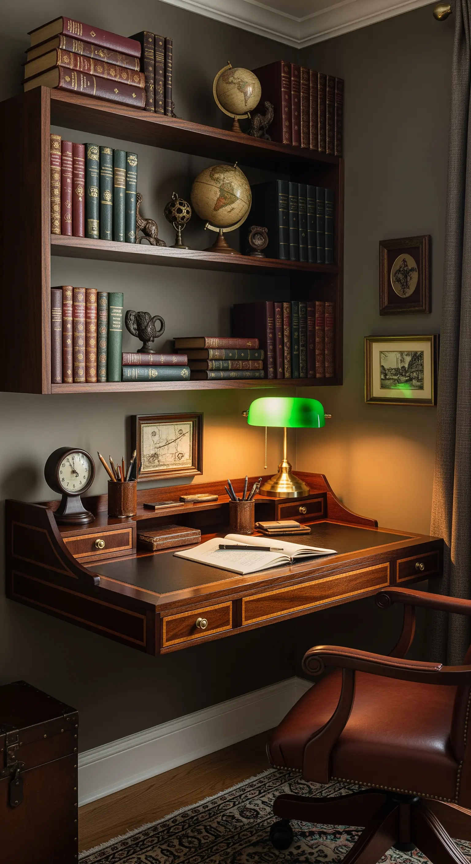 Scrivania sospesa classica in mogano con libreria abbinata e pareti scure.