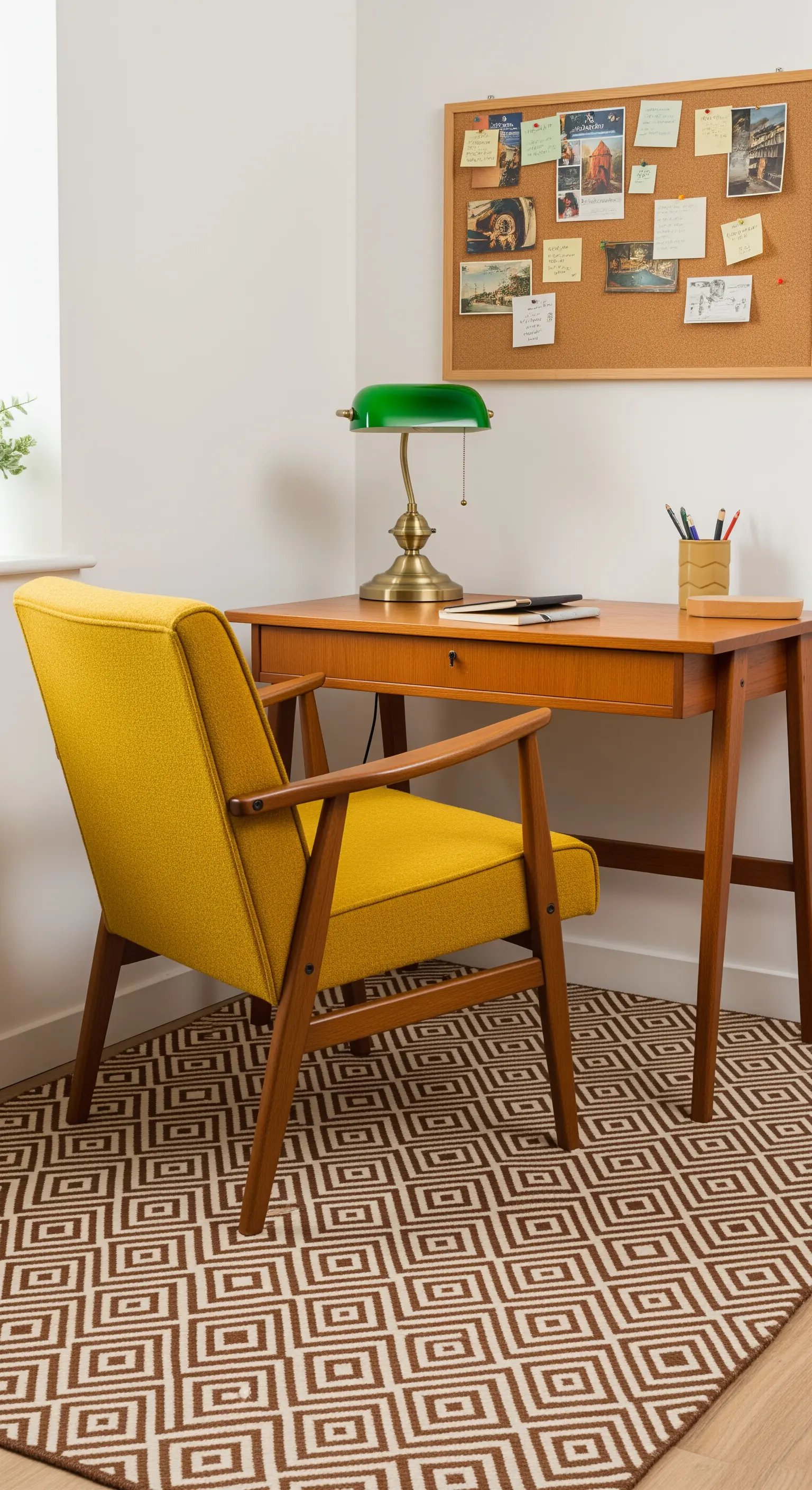 Angolo studio con scrivania in legno, poltroncina senape e lampada da banchiere verde.