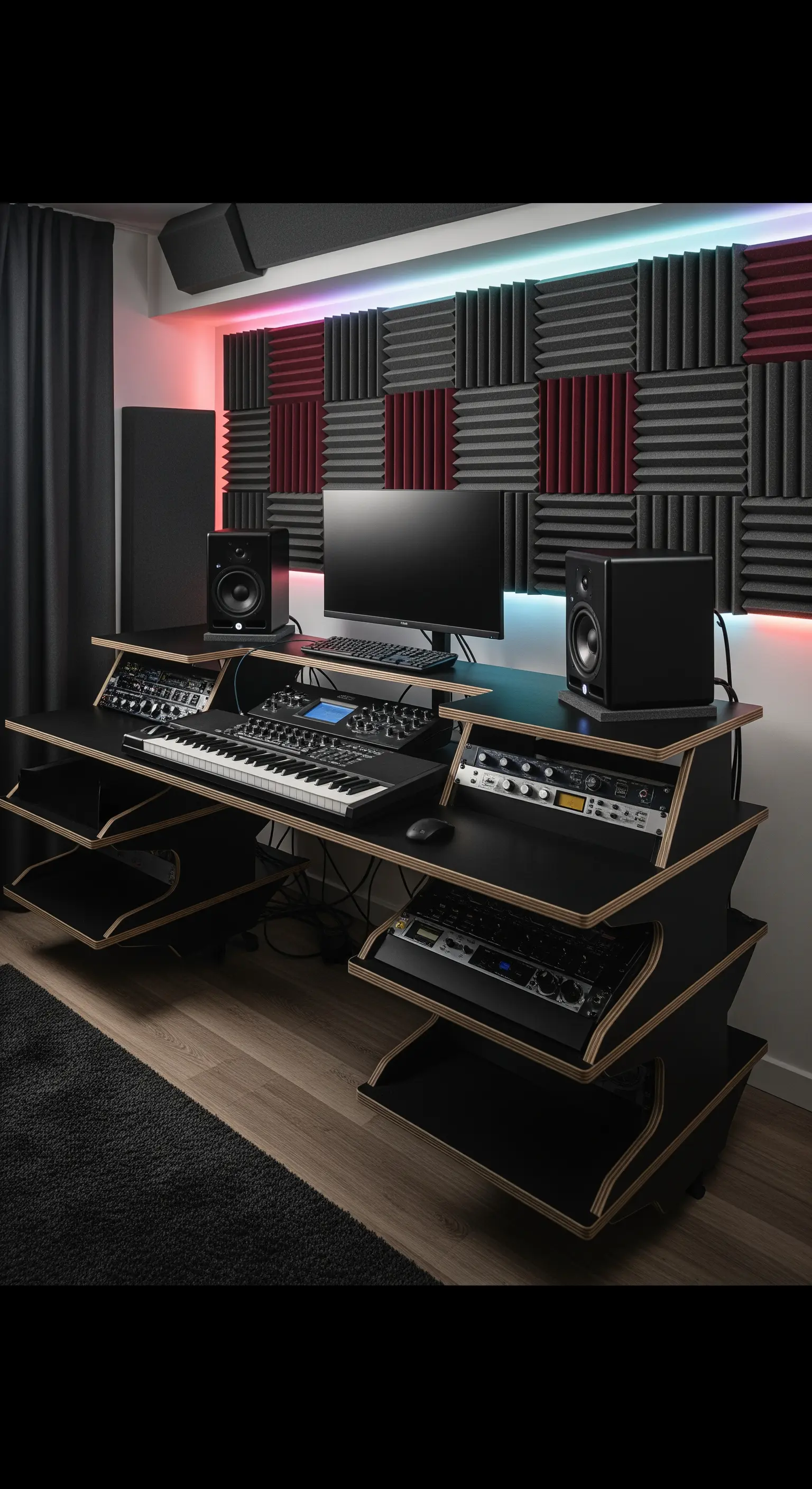 Postazione per la produzione musicale con scrivania a più livelli e pannelli fonoassorbenti.