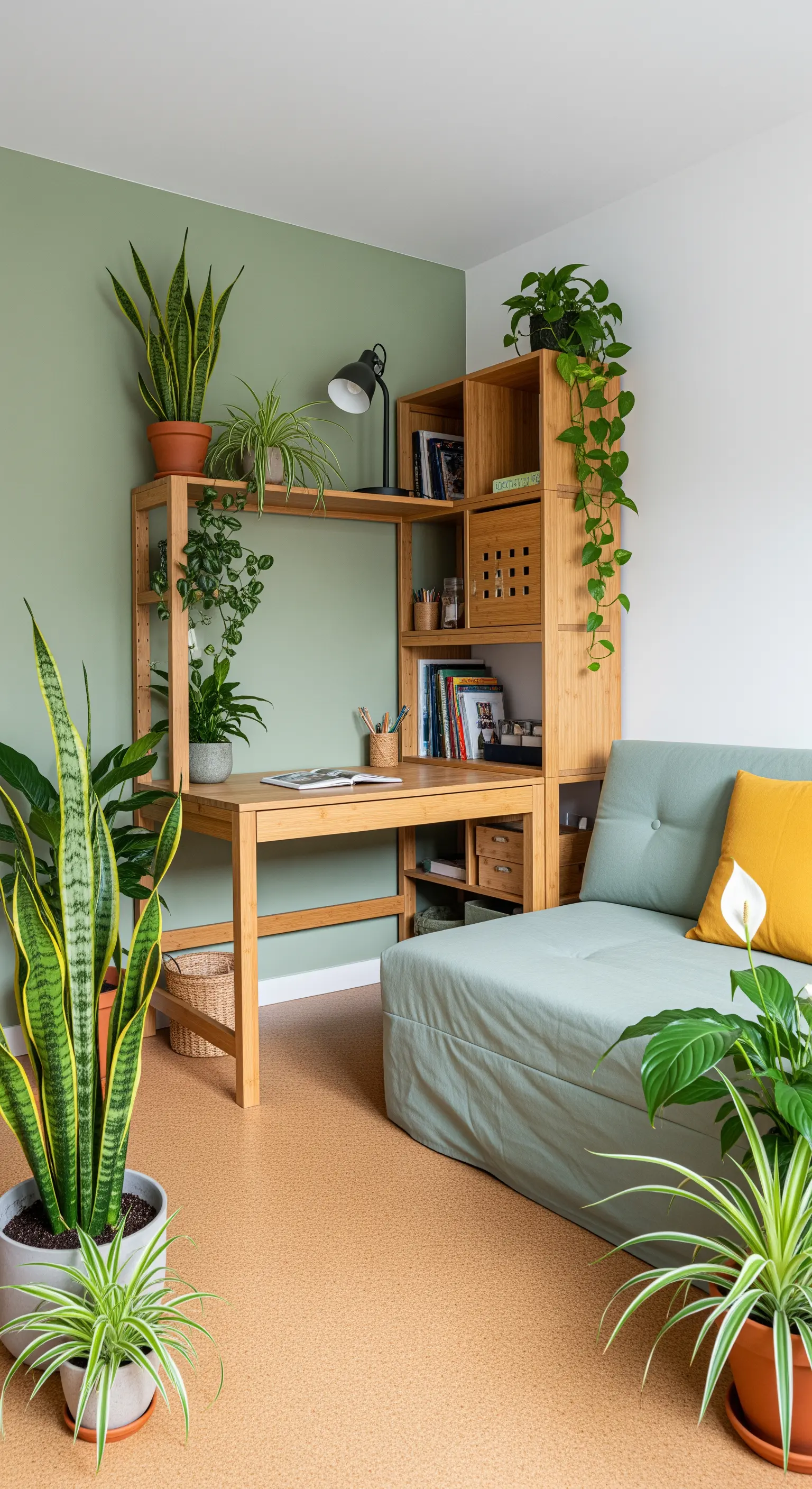 Angolo studio con scrivania-libreria in bambù, parete verde salvia e piante.