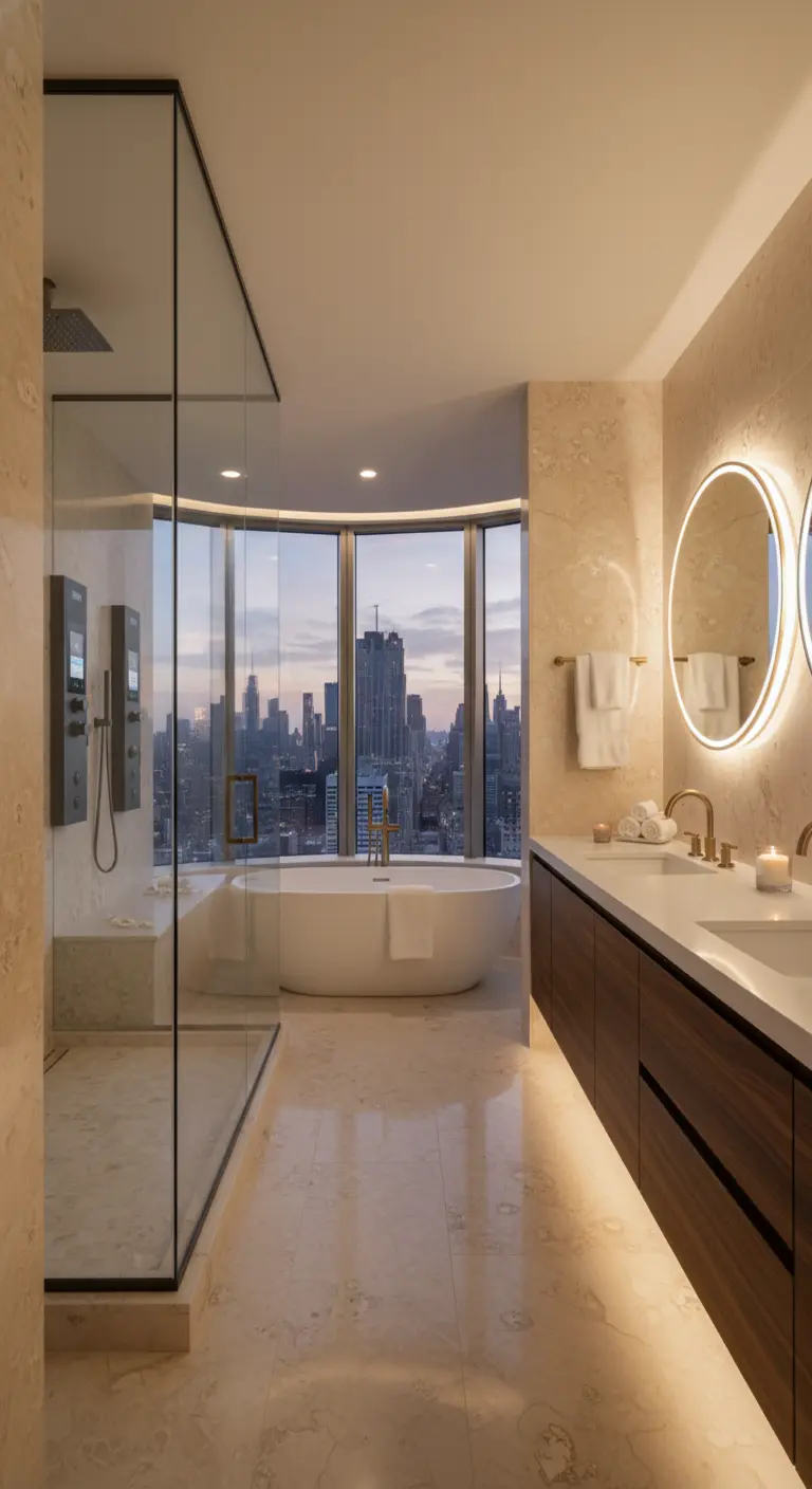 Bagno di lusso in un grattacielo con rivestimento in marmo travertino e vista panoramica sulla città.