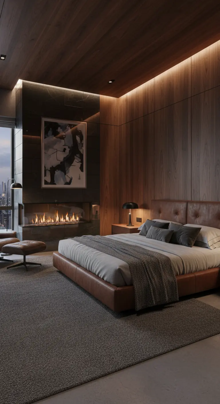 Camera da letto moderna con boiserie in legno scuro, illuminazione a LED e camino lineare.