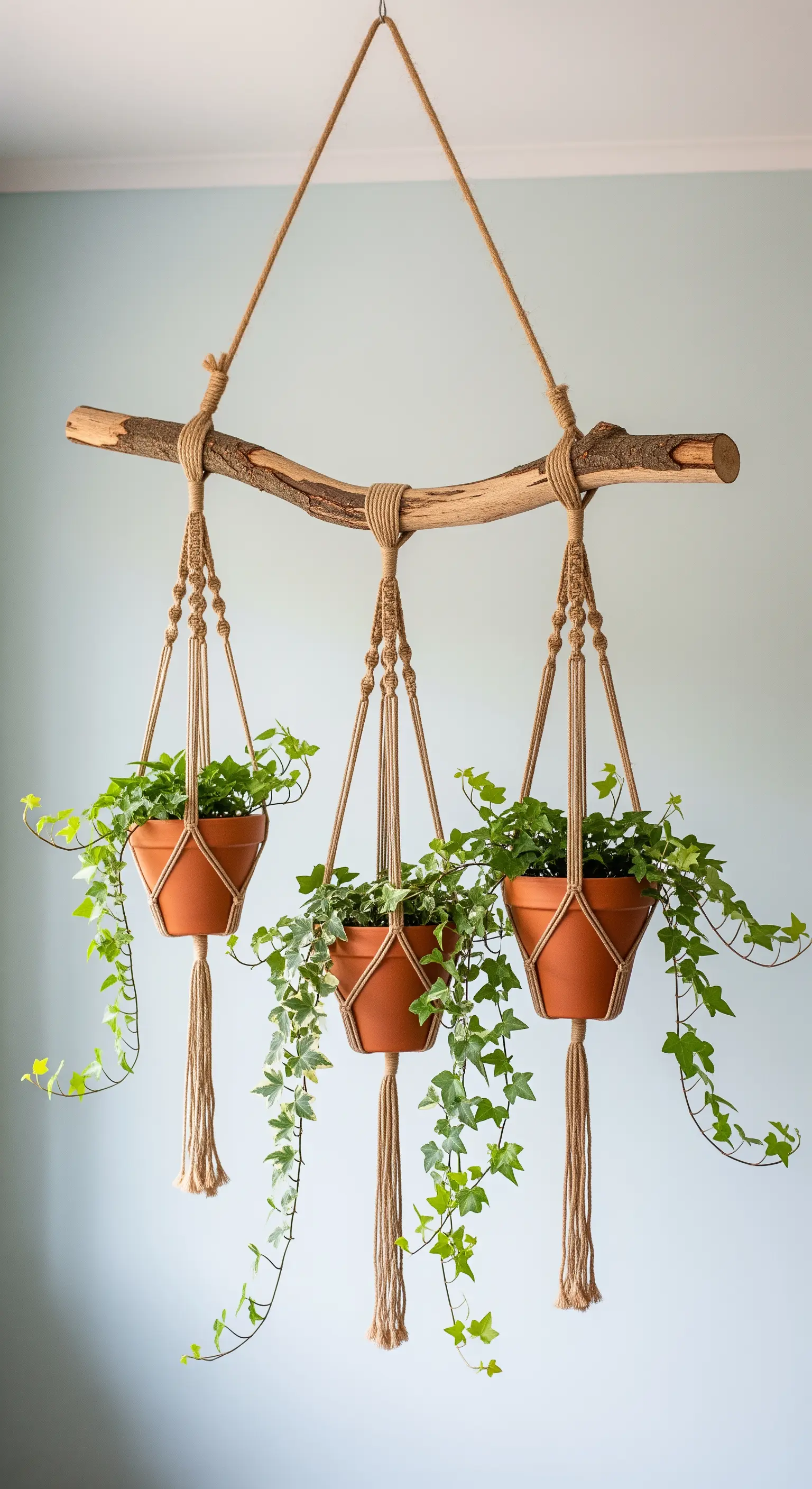 Tre vasi di terracotta con edera, appesi con corde in macramè a un ramo sospeso.