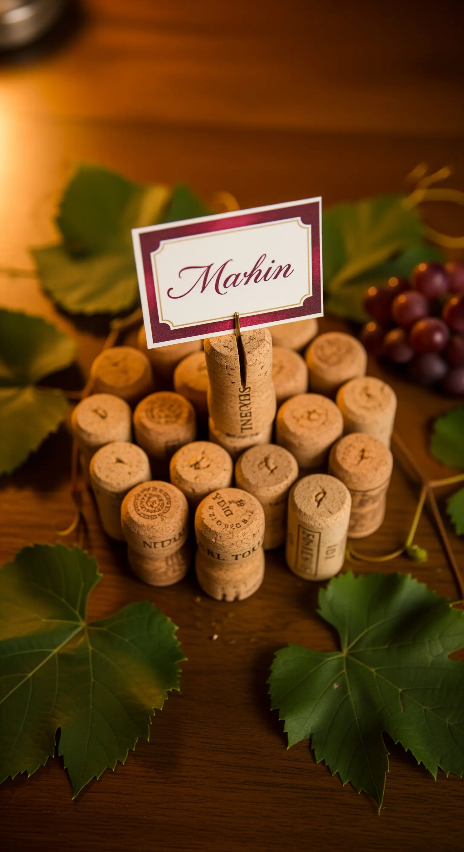 Base di tappi di sughero di vino che sorregge un cartoncino con il nome.