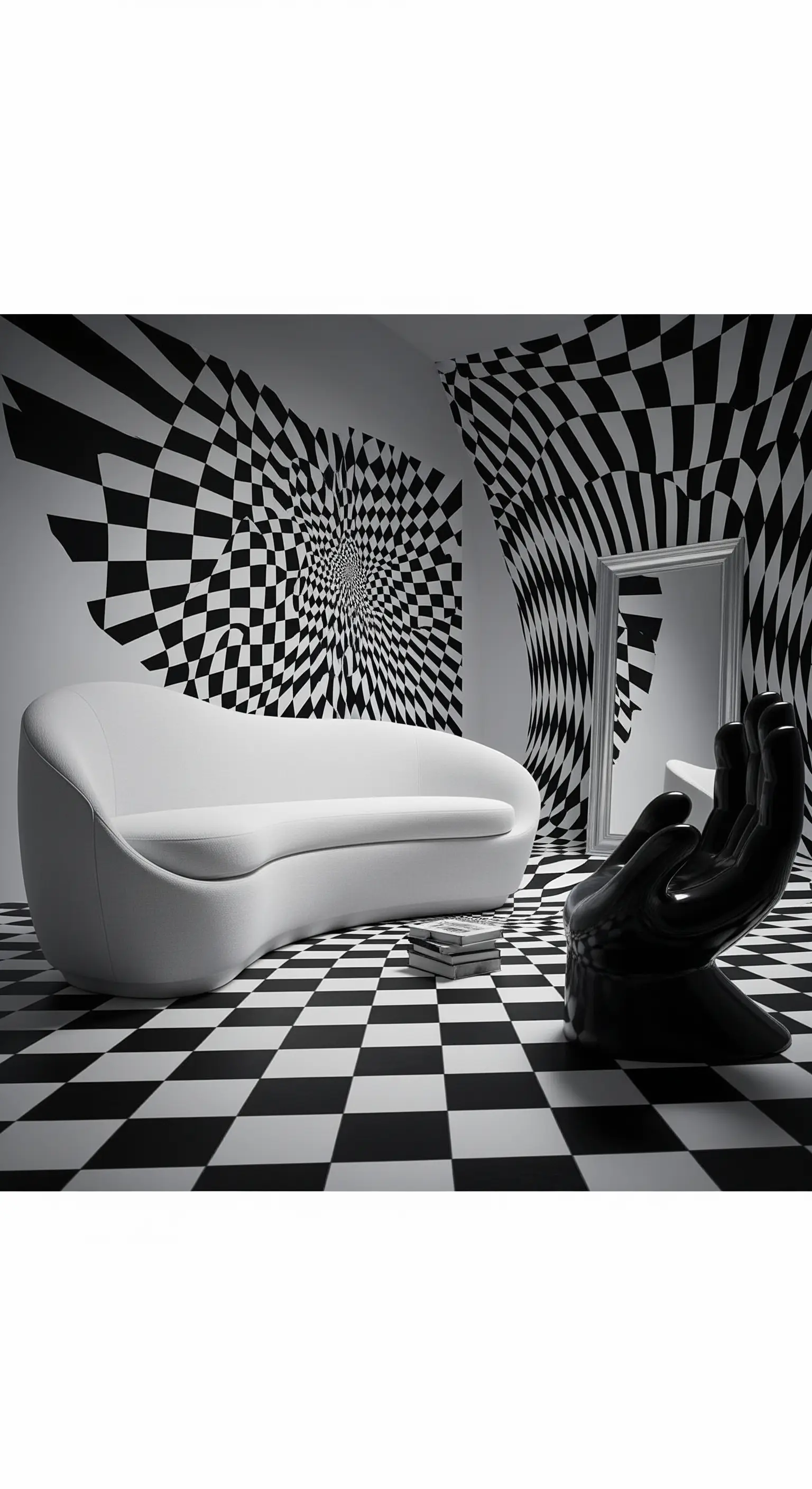 Stanza surreale con pavimento a scacchiera e pareti con illusioni ottiche in bianco e nero.
