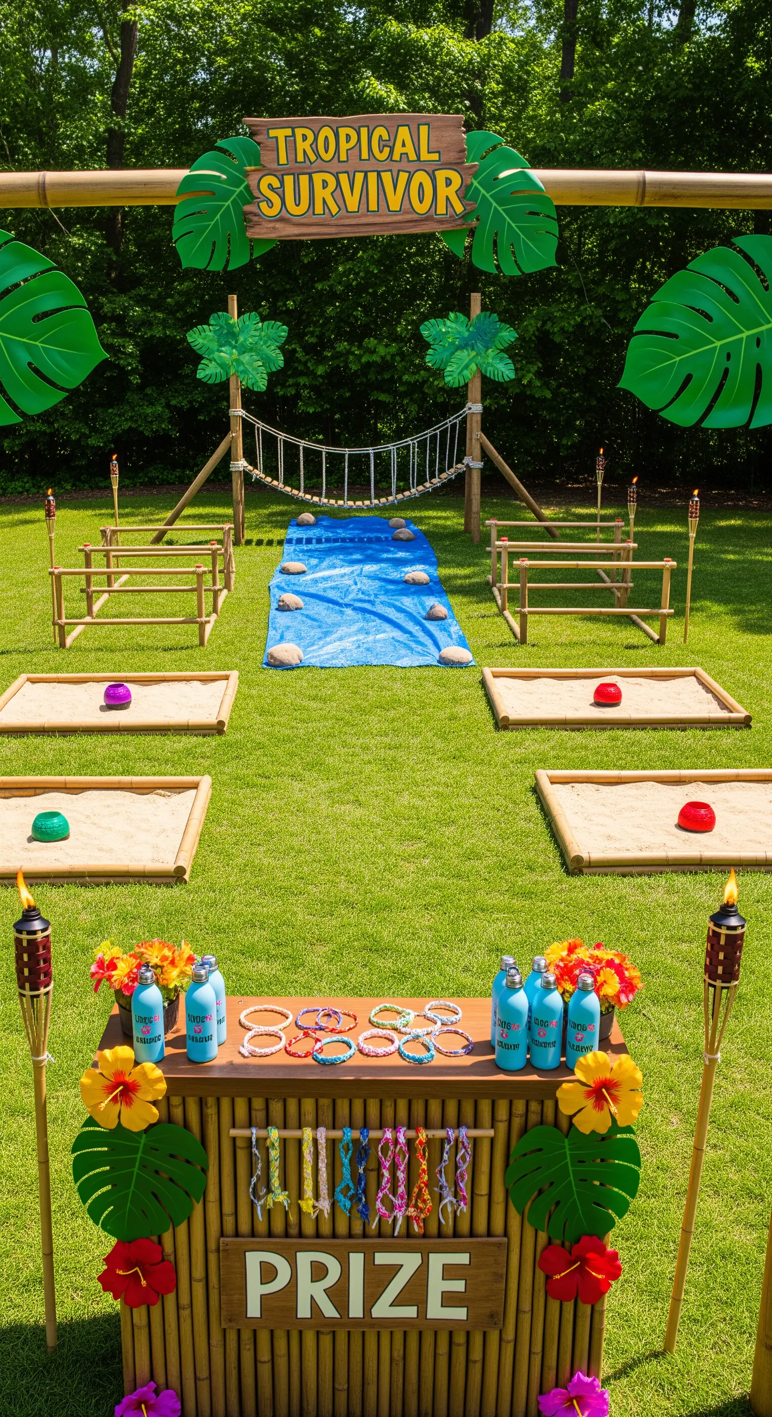 Un percorso a ostacoli a tema tropicale in giardino con sabbia, bambù e torce tiki.